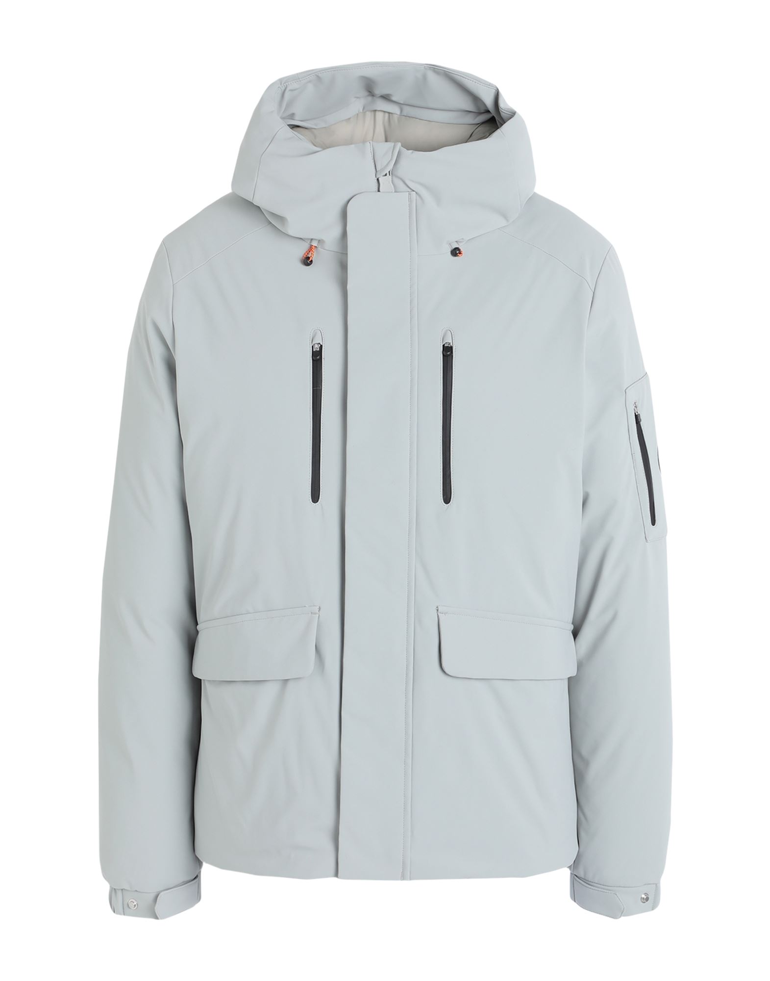 테크니컬 패브릭, 발수 소재, 브랜드 로고, 솔리드 컬러, 후드, 싱글브레스티드, 롱 슬리브, 엘라스틱 커프스, 내부 패딩, 스냅버튼, 지퍼 클로저, 멀티 포켓, 드로스트링 헴라인, 기타 아우터웨어. 이미지