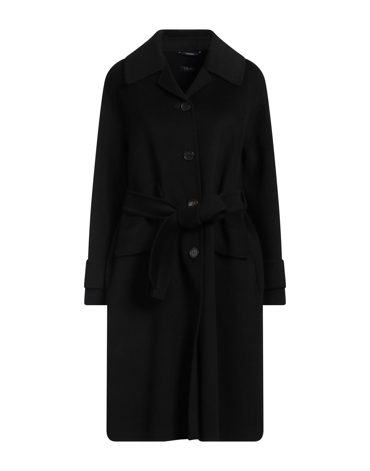 벨티드 코트, 브러시드 펠트, 솔리드 컬러, 벨트, 라펠, 롱 슬리브, 안감없음, 버튼 여밈, 플랩 포켓, 백 슬릿, 드라이클리닝, 표백 금지, 건조기 사용불가. 이미지