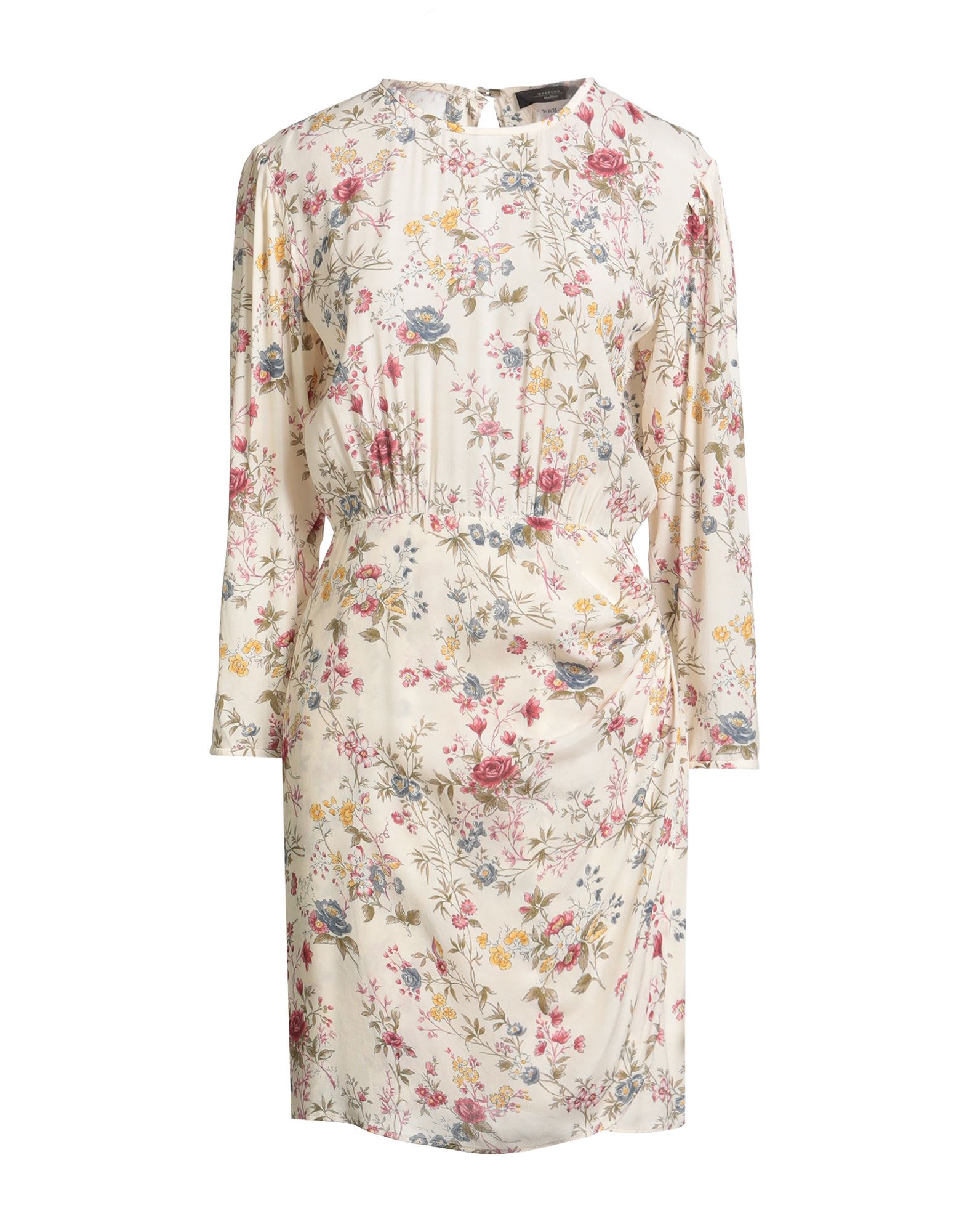 원피스 & 드레스, 크레이프, 플로럴 모티브, 드레이프, 오픈 백, 크루넥, 롱 슬리브, 부분적으로 안감 처리한 내부, 지퍼 여밈, 1 버튼, 드라이클리닝, 표백 금지, 건조기 사용불가, 결혼식 하객 스타일로도 적합한 특별한 날에 어울리는 우아한 세레모니 룩. 이미지