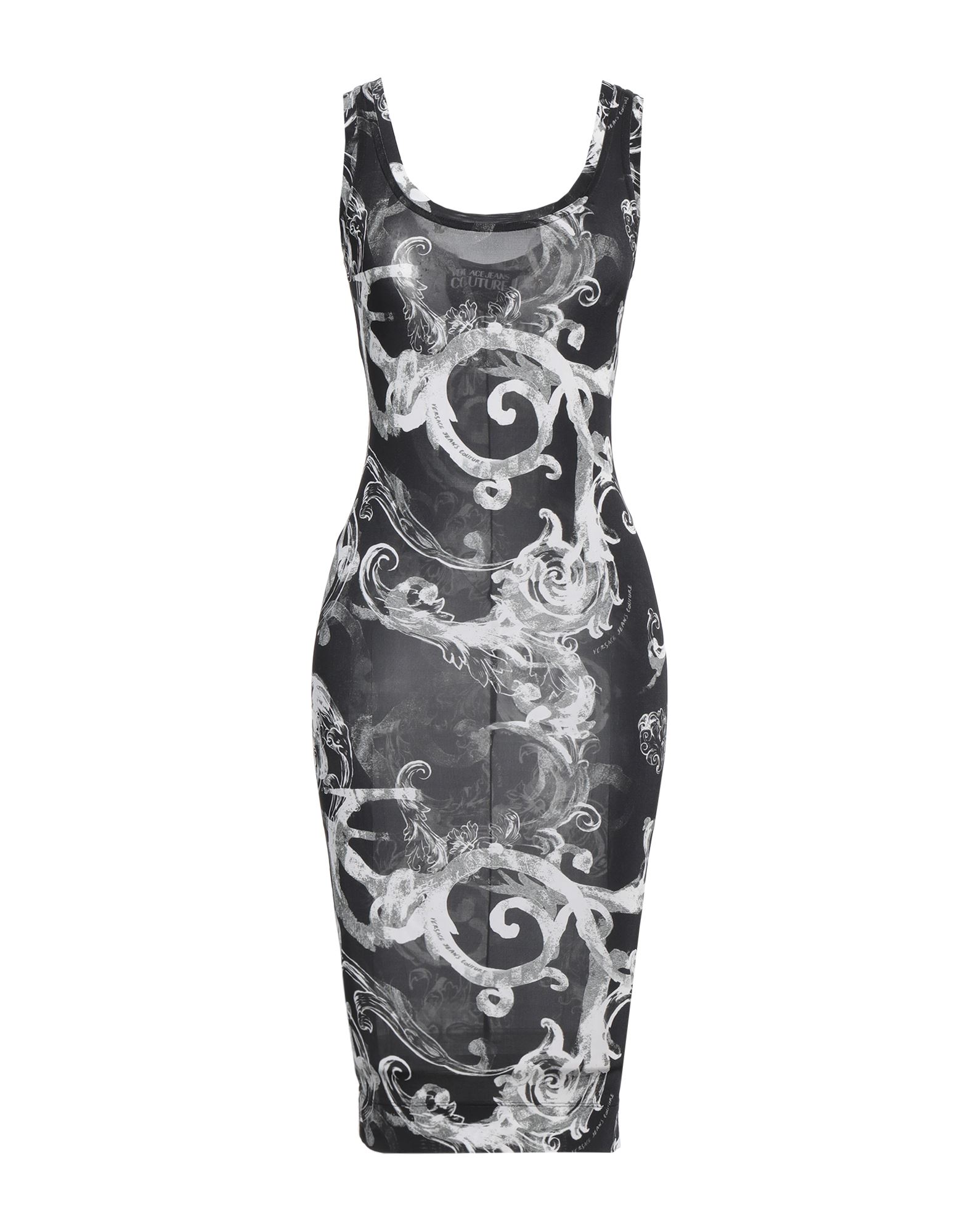 바디콘 드레스, 저지, 스트레치 패브릭, 시그니처 프린트, 장식 부착 없음, 크루넥, 슬리브리스, 안감없음, 손세탁 또는 드라이클리닝, 표백 금지, 건조기 사용불가. 이미지