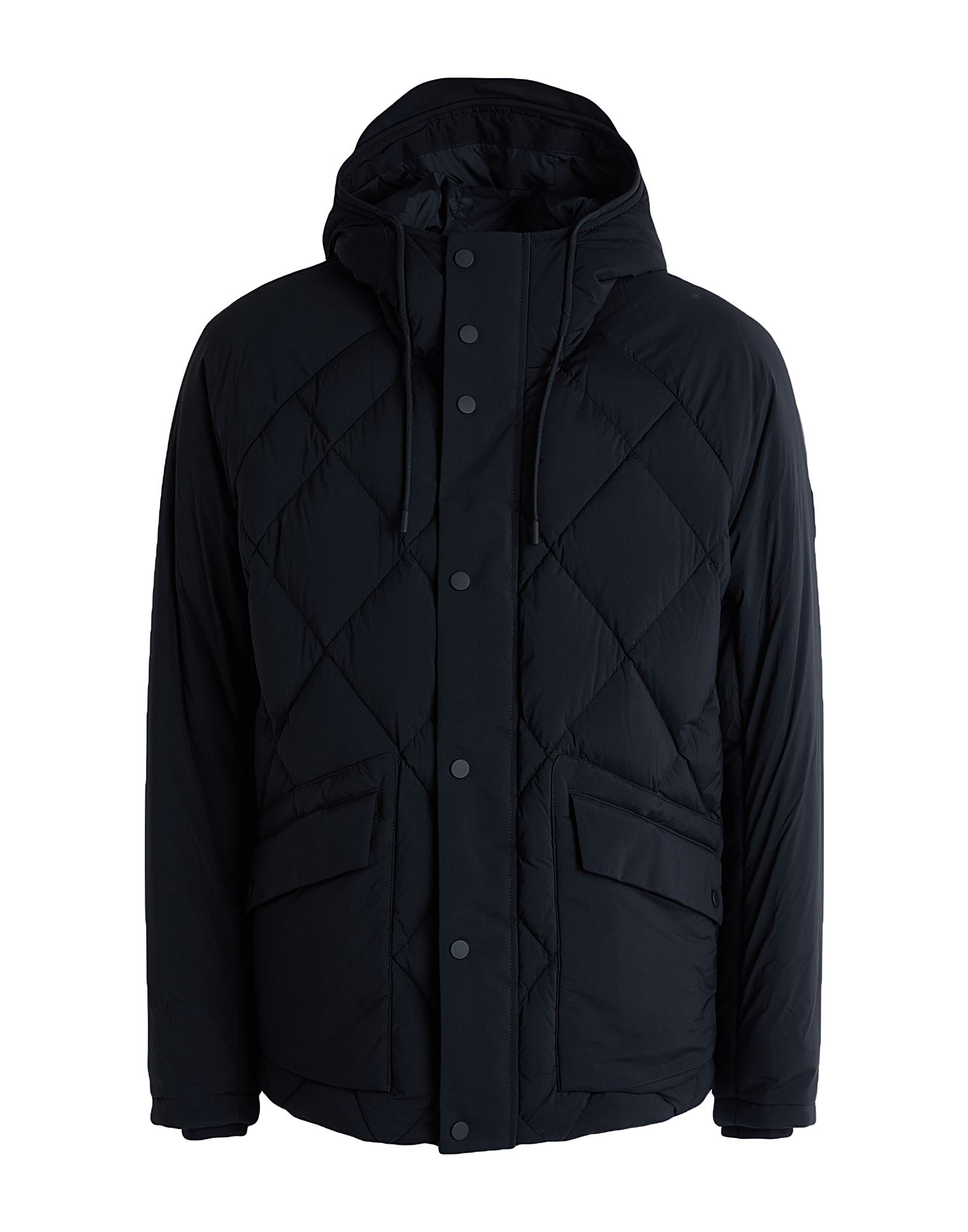 쇼트 다운 자켓, 테크니컬 패브릭, 퀼팅, 브랜드 로고, 솔리드 컬러, 후드, 롱 슬리브, 덕 다운 내장, 지퍼 여밈, 스냅버튼 여밈, 플랩 포켓, 스트레치, 동물성 비섬유 자재 함유, 드라이클리닝, 표백 금지, 건조기 사용불가. 이미지