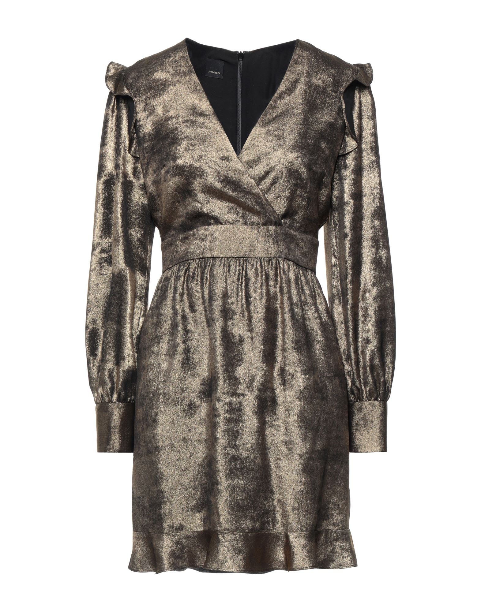 크레이프, 메탈릭 효과, 개더 디테일, 투톤 패턴, v 네크라인, 롱 슬리브, 부분적으로 안감 처리한 내부, 후크 여밈, 지퍼 여밈, 포켓 없음, 플레어 드레스. 이미지