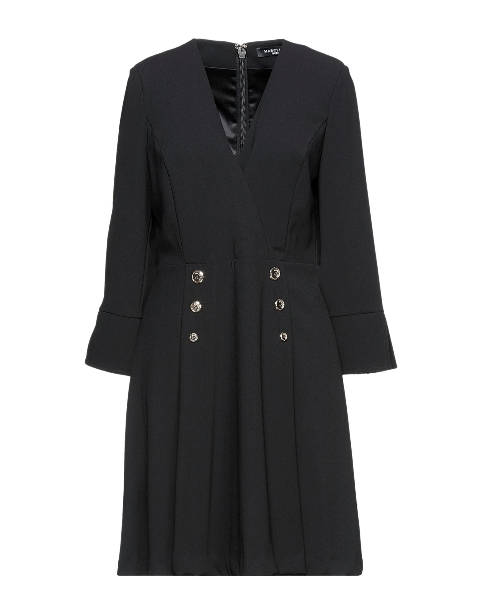 플레어 드레스, 크레이프, 장식 디테일 솔리드 컬러, 브랜드 로고, 딥 네크라인, 3/4길이 슬리브, 부분적으로 안감 처리한 내부, 후크 여밈, 지퍼 여밈, 포켓 없음. 이미지