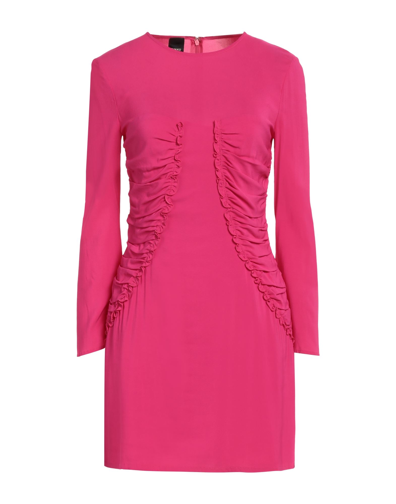 바디콘 드레스, 크레이프, 솔리드 컬러, 러플, 크루넥, 롱 슬리브, 안감없음, 지퍼 여밈, 포켓 없음, 스트레치, 드라이클리닝, 표백 금지, 건조기 사용불가. 이미지