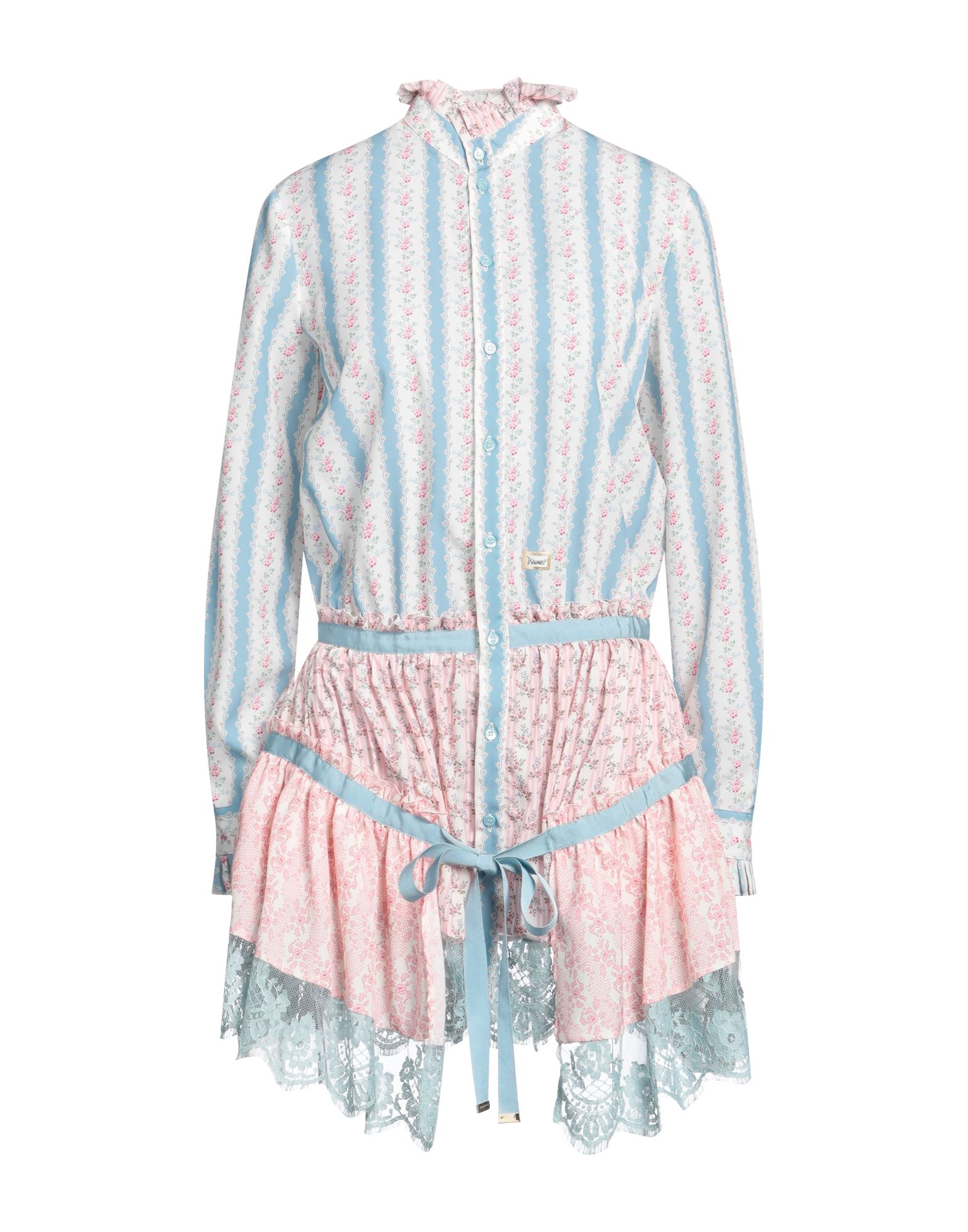 타프타, 레이스, 브랜드 로고, 플로럴 모티브, 터틀넥, 롱 슬리브, 버튼 커프스, 안감없음, 버튼 여밈, 멀티 포켓, 셔츠 드레스, 스몰 핏. 이미지