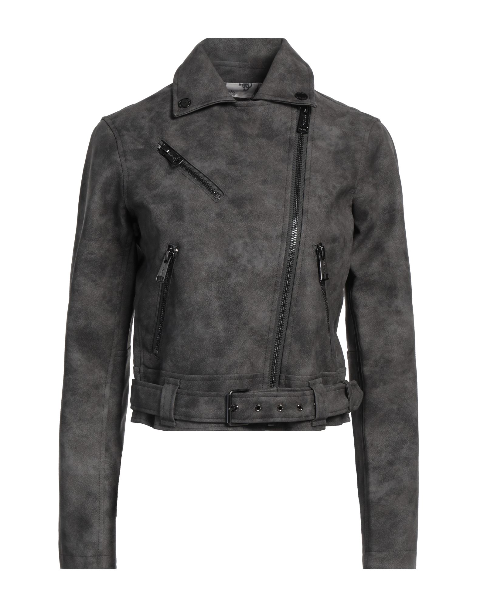 바이커 자켓, 스웨이드 효과 패브릭, 해머드 가공, 솔리드 컬러, 벨트, 클래식 칼라, 롱 슬리브, 지퍼 커프스, 안감있음, 지퍼 여밈, 지퍼 포켓, 손세탁, 표백 금지, 건조기 사용불가, 다림질 금지. 이미지