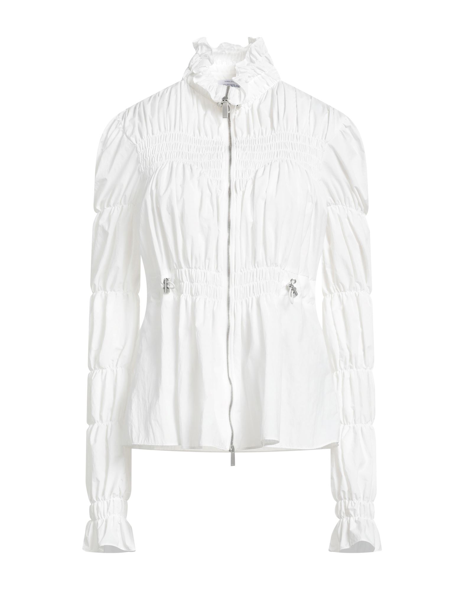 윈드브레이커, 테크니컬 패브릭, 솔리드 컬러, 개더 디테일, 터틀넥, 롱 슬리브, 안감없음, 지퍼 여밈, 포켓 없음, 손세탁 또는 드라이클리닝, 표백 금지, 건조기 사용불가. 이미지