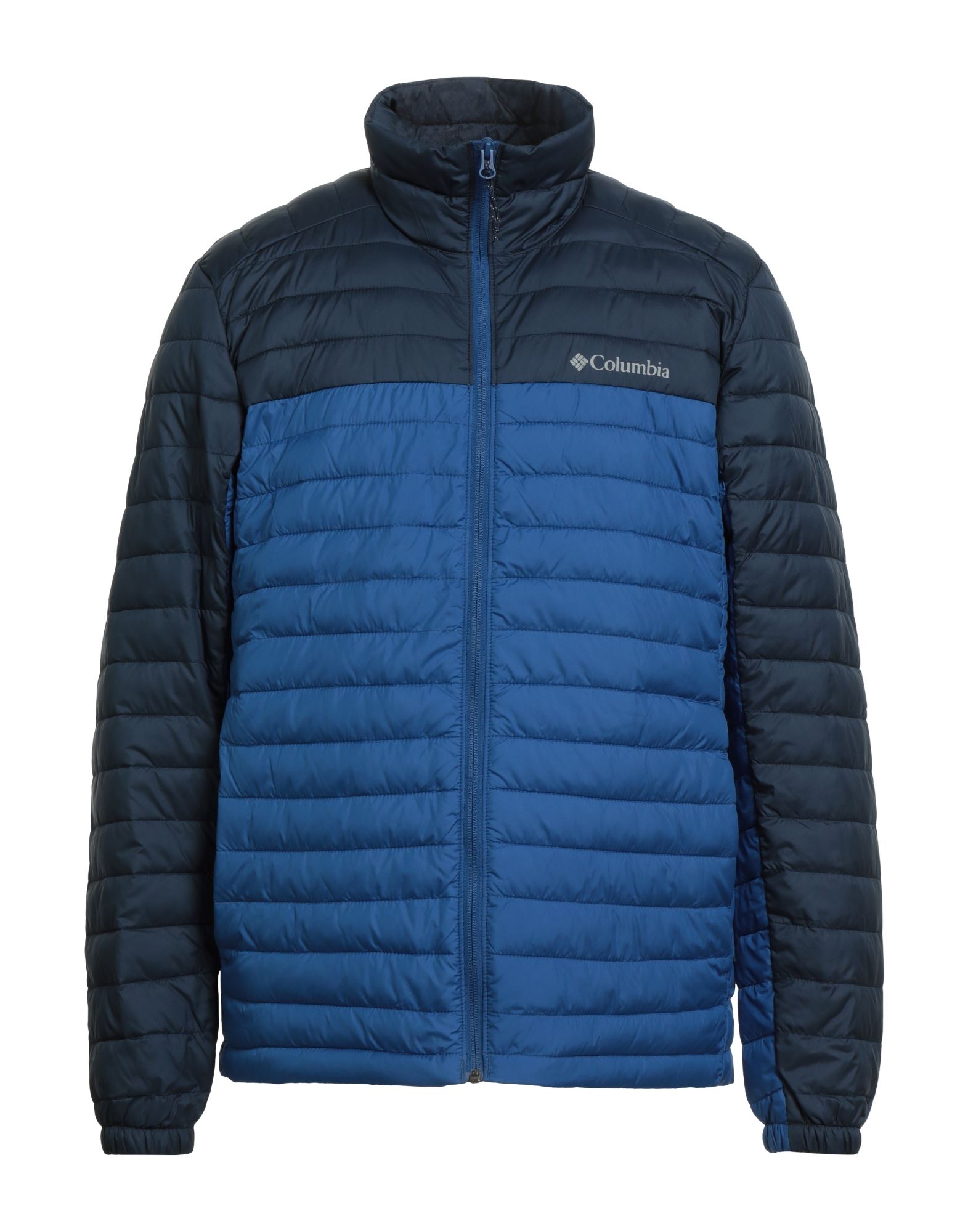 쇼트 패딩 자켓, 테크니컬 패브릭, 퀼팅, 브랜드 로고, 투톤 패턴, 터틀넥, 롱 슬리브, 합성 충전재, 라이트 패딩, 지퍼 여밈, 멀티 포켓, 세탁기로 세탁, 건조기 사용가능. 이미지