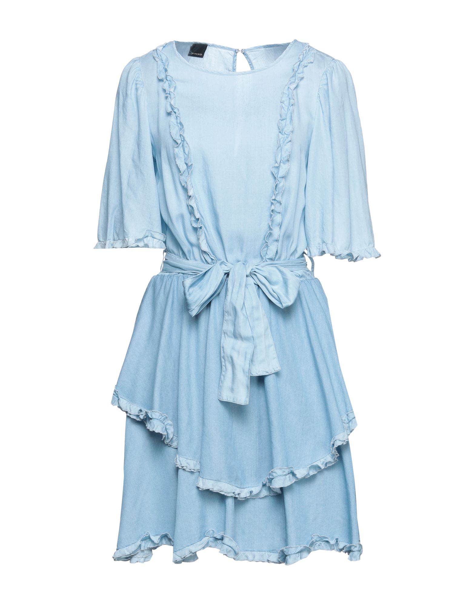 우븐, 러플, 벨트, 컷아웃 효과, 장식 디테일 솔리드 컬러, 크루넥, 쇼트 슬리브, 안감없음, 포켓 없음, 플레어 드레스. 이미지