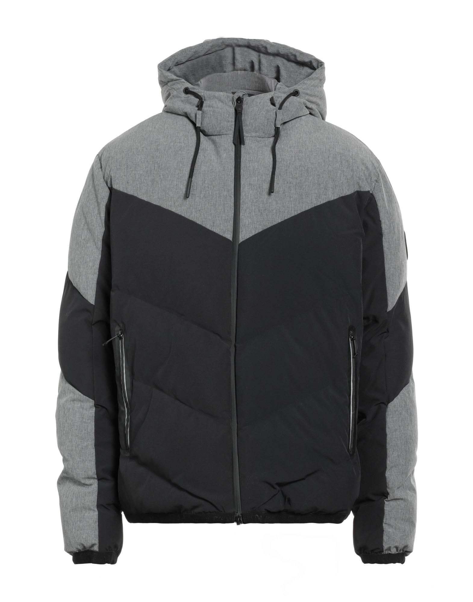 쇼트 패딩 자켓, 테크니컬 패브릭, 퀼팅, 브랜드 로고, 투톤 패턴, 후드, 싱글브레스티드, 롱 슬리브, 합성 충전재, 멀티 포켓, 지퍼 포켓, 스트레치, 세탁기로 세탁, 표백 금지, 건조기 사용불가, 다림질 금지. 이미지