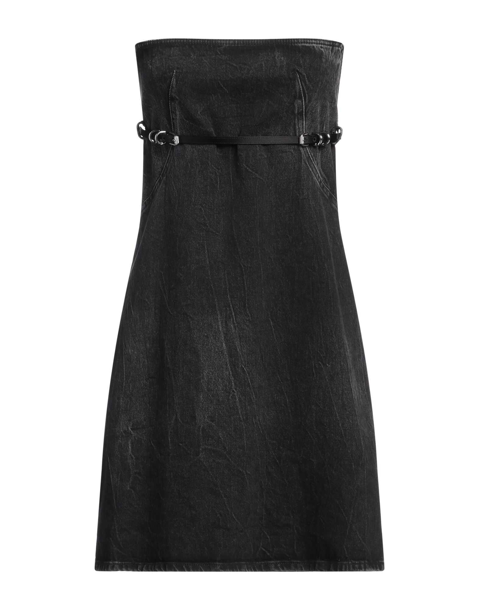 플레어 드레스, 데님, 솔리드 컬러, 장식 디테일 솔리드 컬러, 벨트, 오프숄더, 컬러 워싱, 슬리브리스, 안감없음, 지퍼 여밈, 포켓 없음, 세탁기 세탁 또는 드라이클리닝, 표백 금지, 건조기 사용불가. 이미지