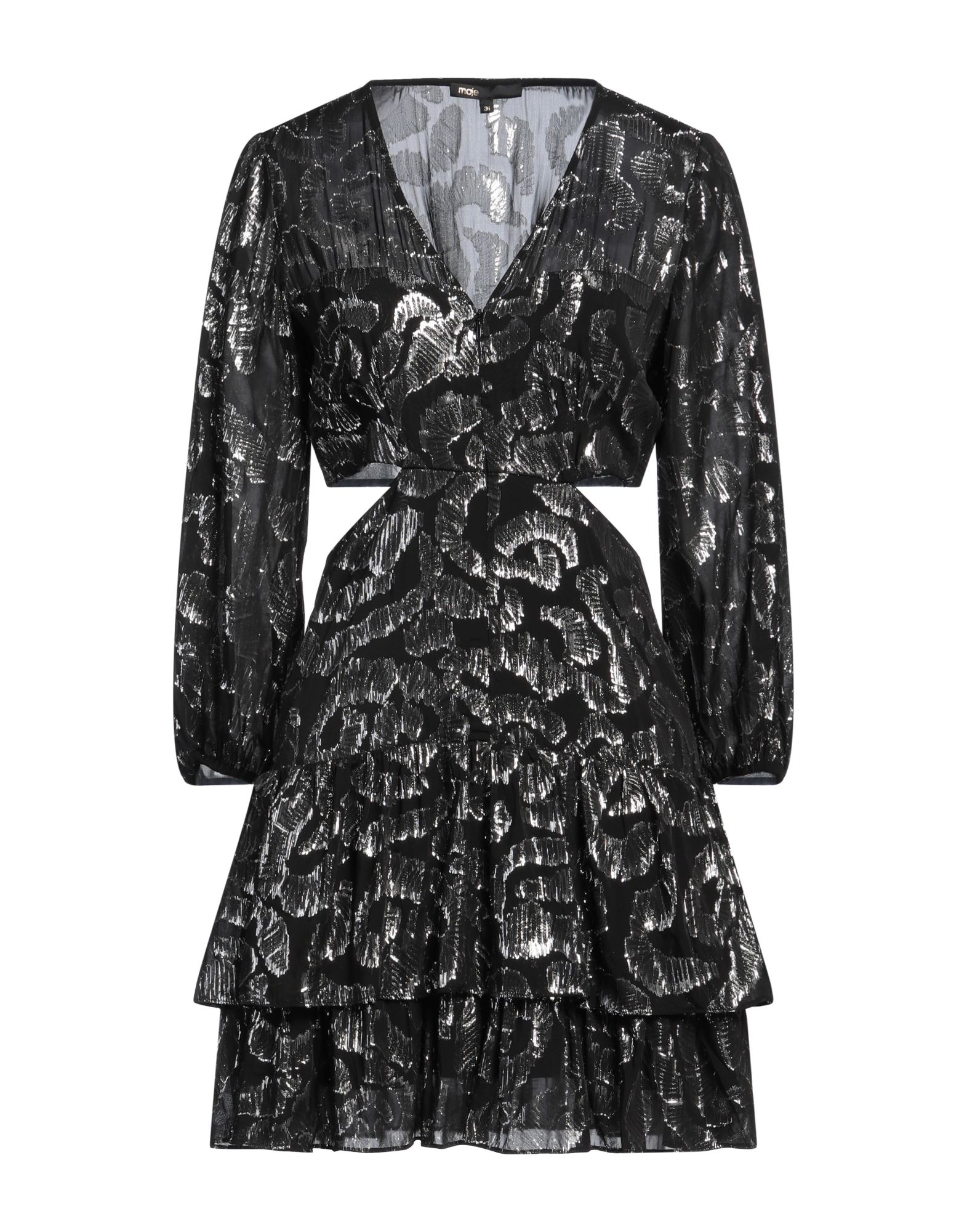 플레어 드레스, 크레이프, 메탈릭 효과, 투톤 패턴, 러플, 컷아웃 효과, v 네크라인, 롱 슬리브, 엘라스틱 커프스, 부분적으로 안감 처리한 내부, 손세탁, 표백 금지, 건조기 사용불가. 이미지