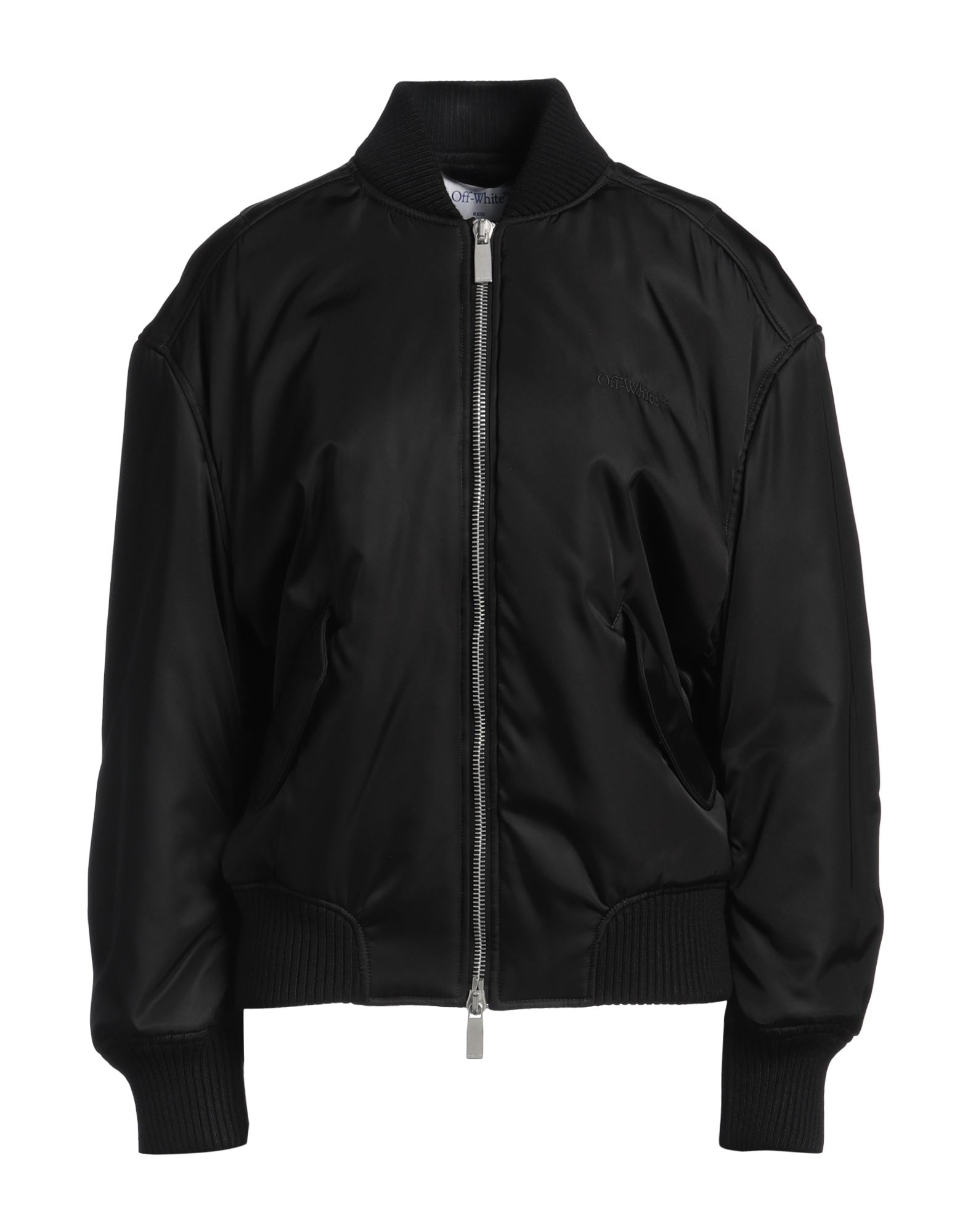 보머 자켓, 테크니컬 패브릭, 솔리드 컬러, 자수 로고 장식, 크루넥, 싱글브레스티드, 롱 슬리브, 부분적으로 안감 처리한 내부, 지퍼 여밈, 멀티 포켓, 드라이클리닝, 표백 금지, 건조기 사용불가. 이미지