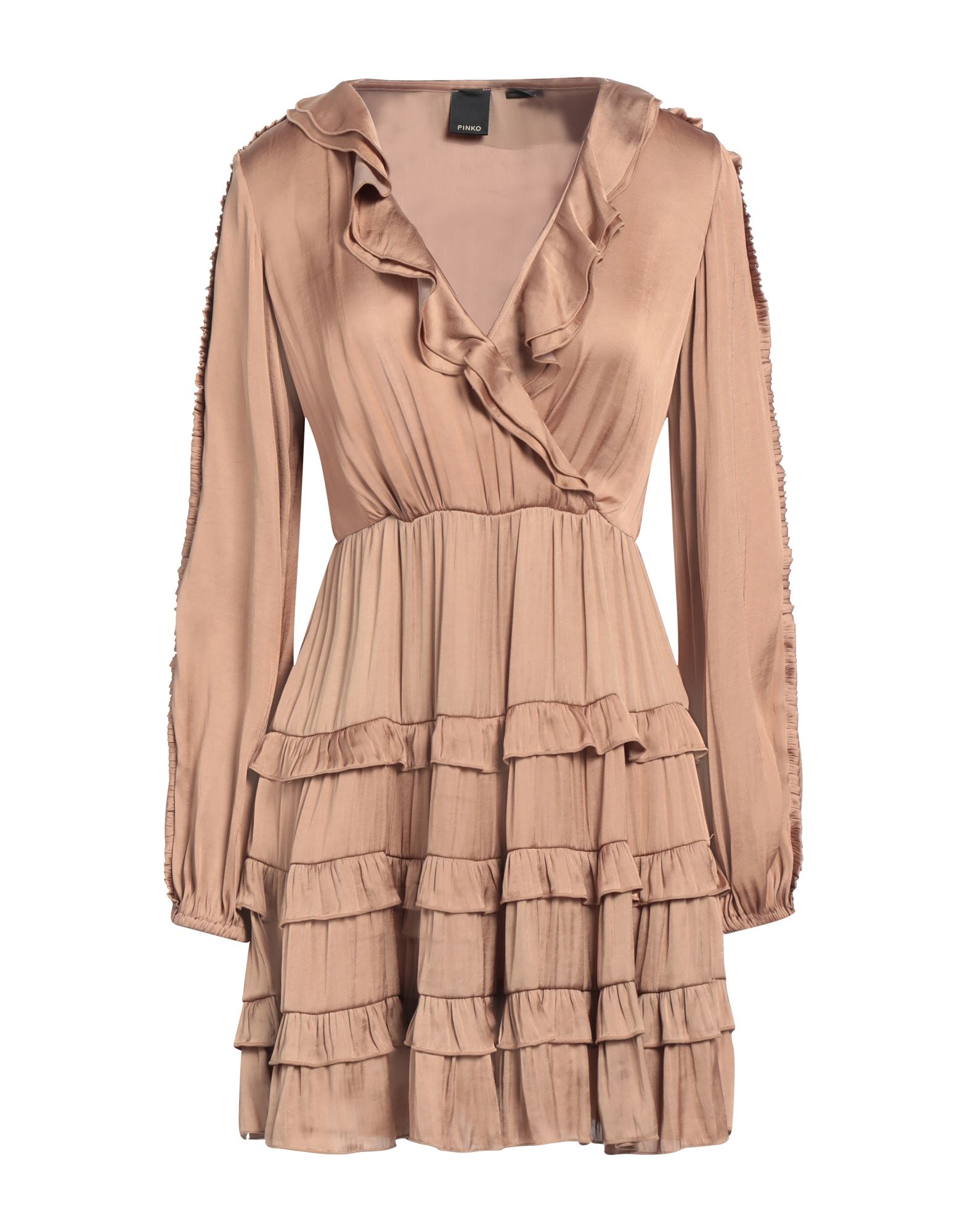 새틴, 러플, 솔리드 컬러, 딥 네크라인, 롱 슬리브, 안감없음, 포켓 없음, 트라페즈 스커트. 이미지