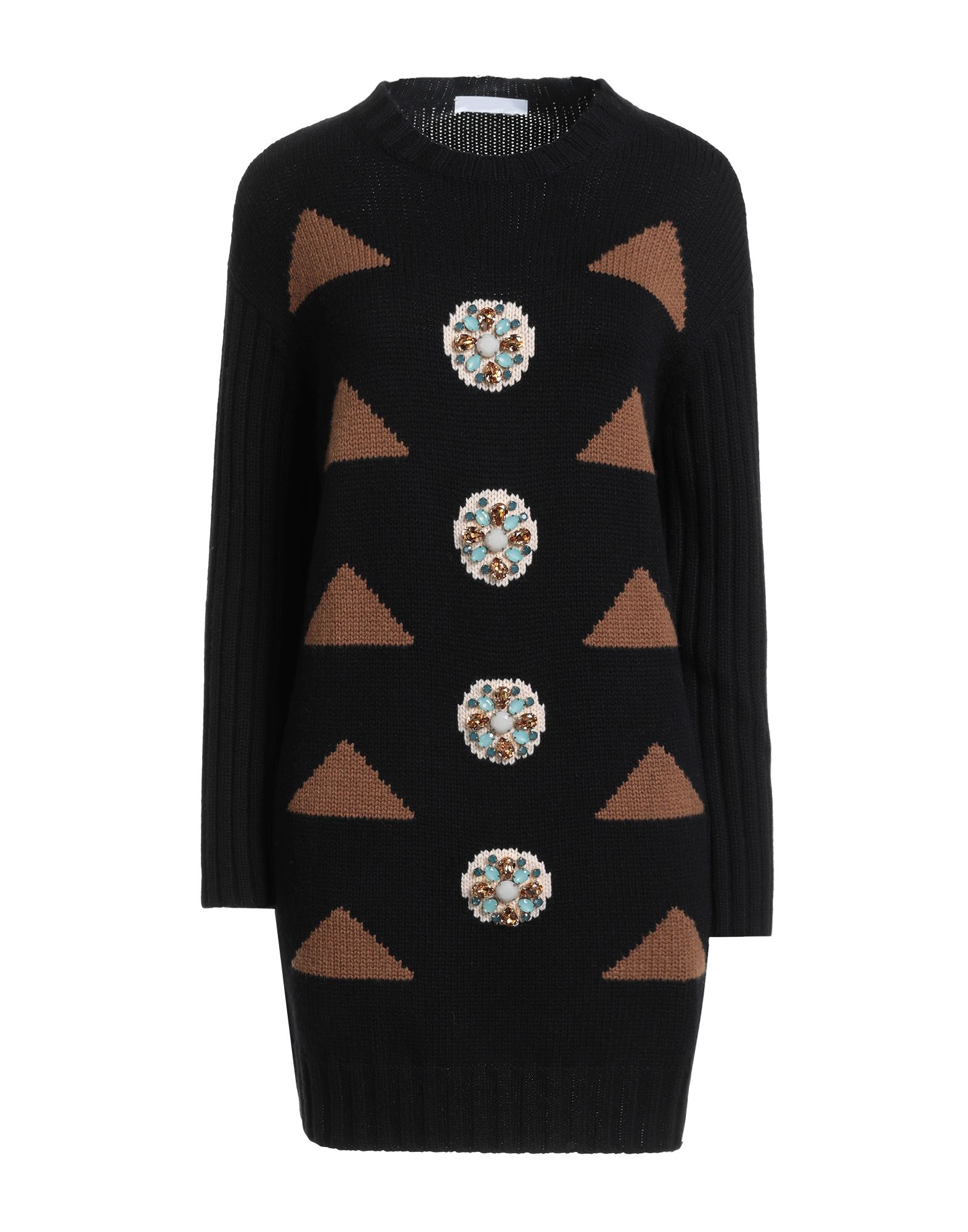 원피스 & 드레스, 인타르시아 니트, 리브(rib) 조직, 미디엄웨이트 니트, 멀티컬러 패턴, 크리스탈, 크루넥, 롱 슬리브, 안감없음, 포켓 없음, 손세탁, 표백 금지, 건조기 사용불가. 이미지