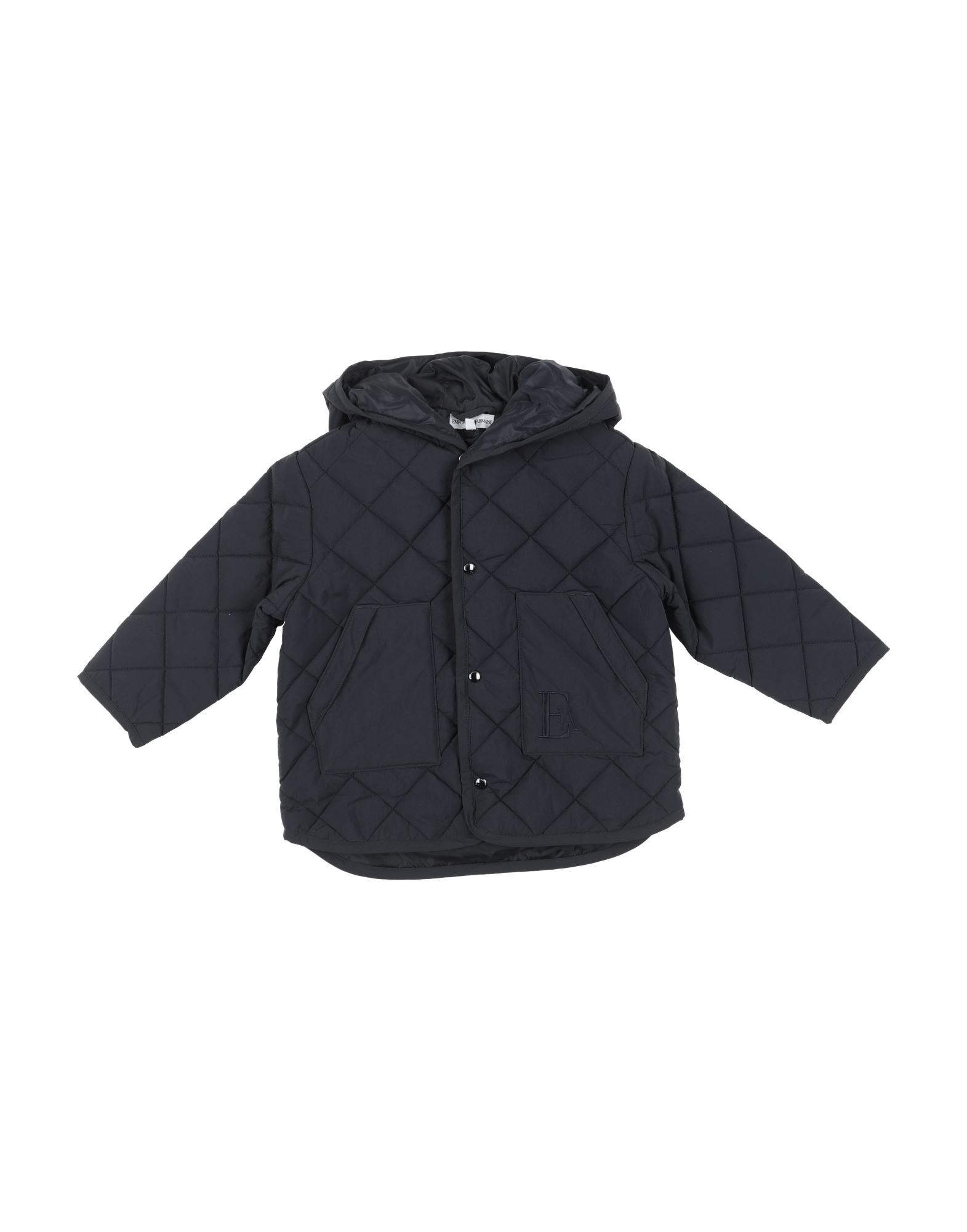 테크니컬 패브릭, 퀼팅, 자수 로고 장식, 솔리드 컬러, 후드, 싱글브레스티드, 롱 슬리브, 합성 충전재, 스냅버튼 여밈, 슬릿 포켓, 세탁기로 세탁, 표백 금지, 건조기 사용불가, 다림질 금지. 이미지