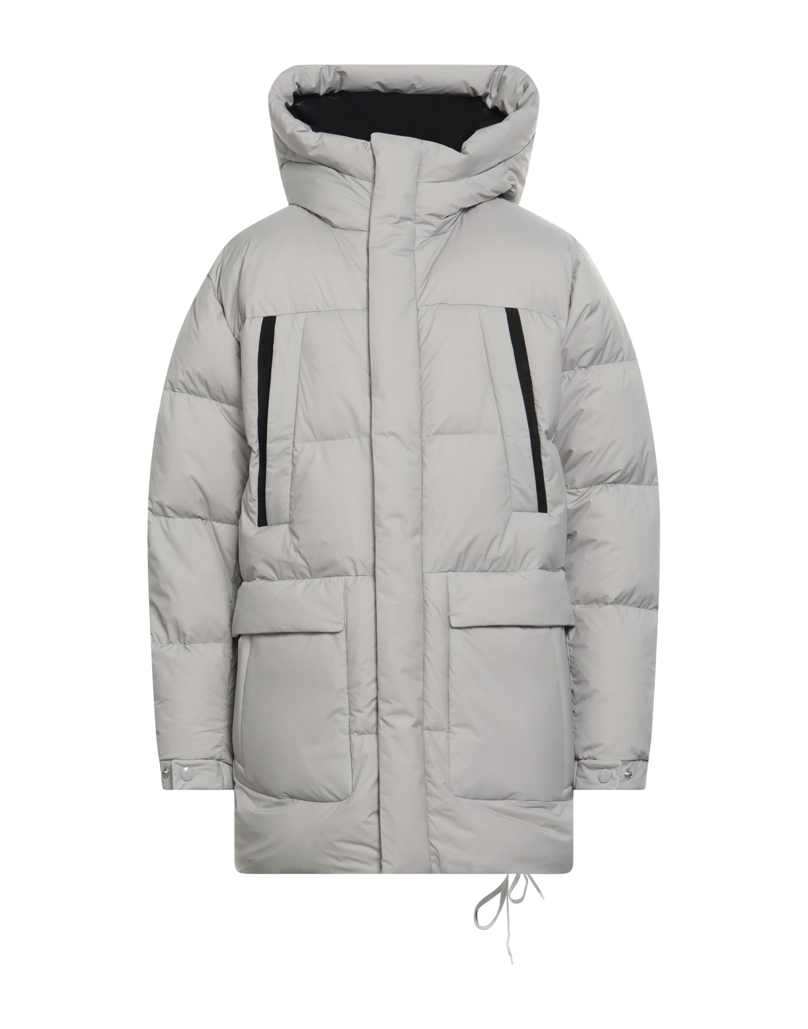 롱 다운 자켓, 테크니컬 패브릭, 솔리드 컬러, 장식 부착 없음, 후드, 싱글브레스티드, 롱 슬리브, 구스 다운 내장, 지퍼 여밈, 스냅버튼 여밈, 멀티 포켓, 동물성 비섬유 자재 함유, 손세탁, 표백 금지, 건조기 사용불가, 다림질 금지. 이미지