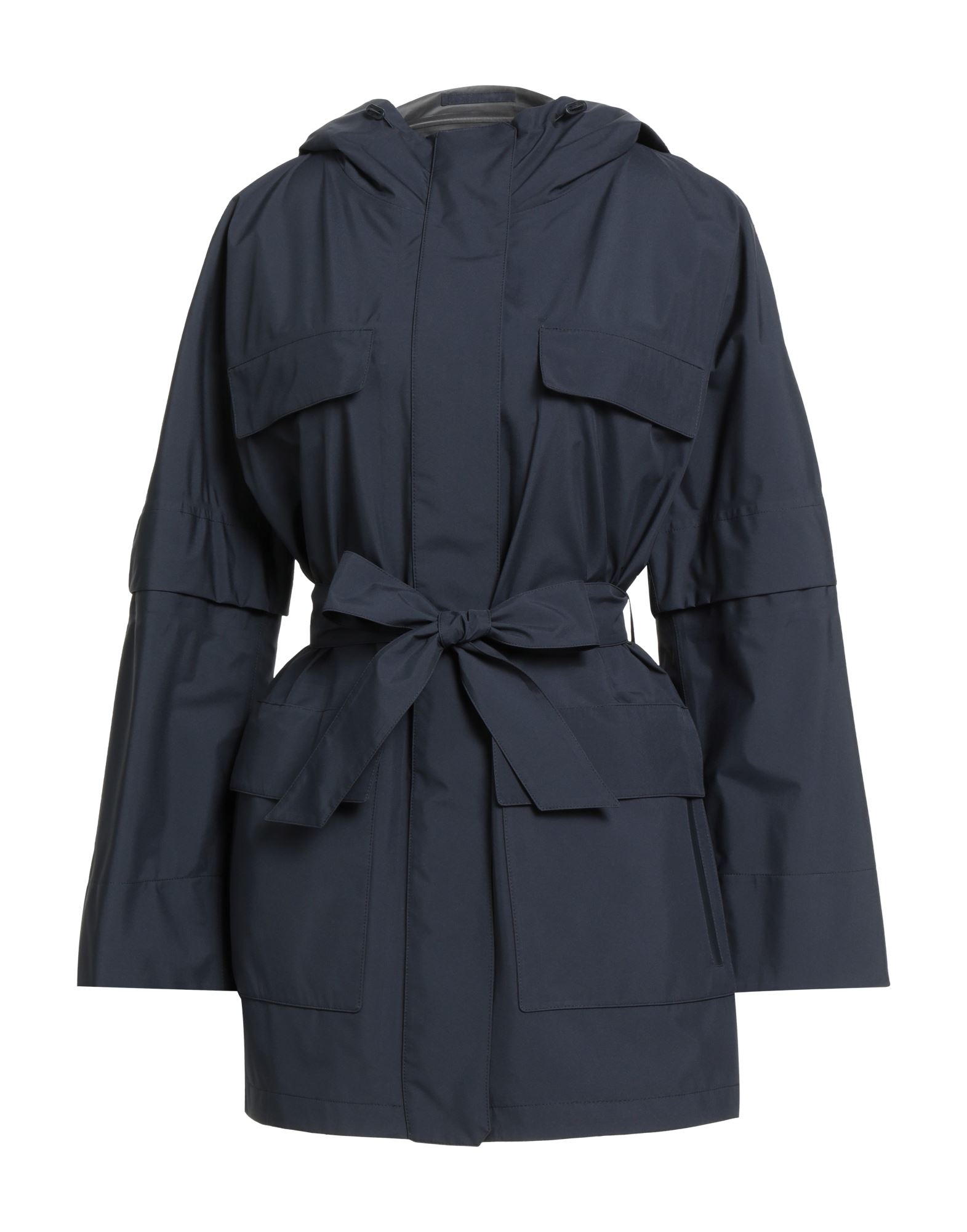 레인코트, 테크니컬 패브릭, 통기성 원단, 벨트, 솔리드 컬러, 후드, 롱 슬리브, 안감없음, 지퍼 여밈, 스냅버튼 여밈, 플랩 포켓, 지퍼 포켓, 손세탁, 표백 금지, 건조기 사용불가, 다림질 금지. 이미지