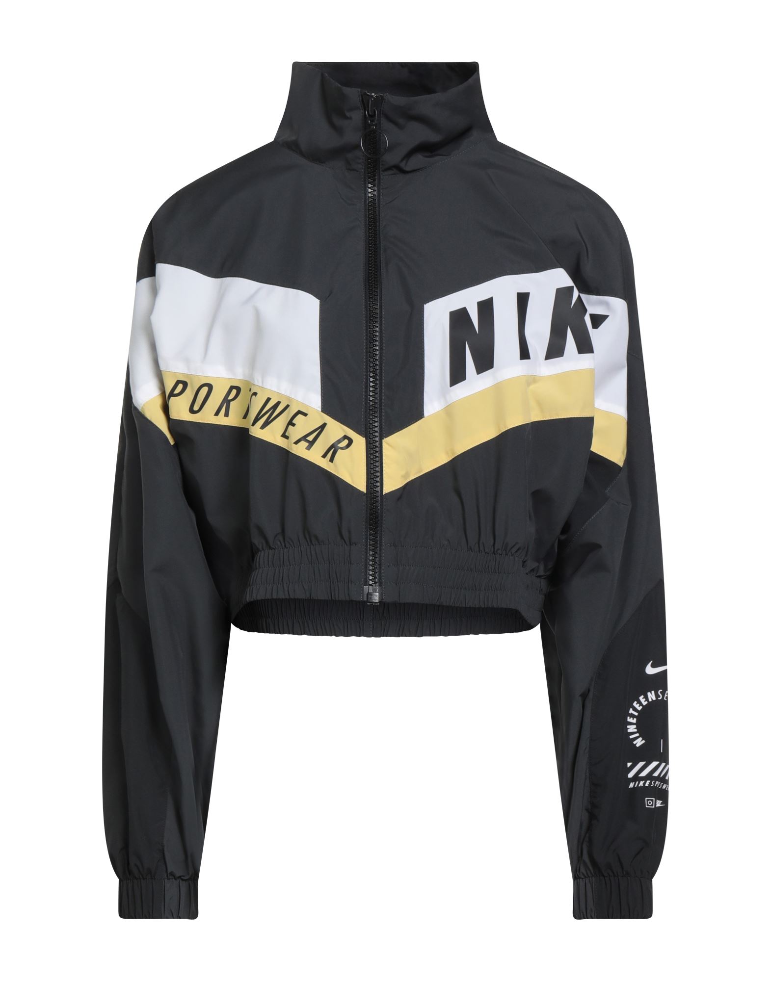 윈드브레이커, 테크니컬 패브릭, 브랜드 로고, 프린트, 크롭트, 멀티컬러 패턴, 터틀넥, 롱 슬리브, 안감있음, 지퍼 여밈, 세탁기로 세탁, 표백 금지, 건조기 사용불가, 다림질 금지. 이미지