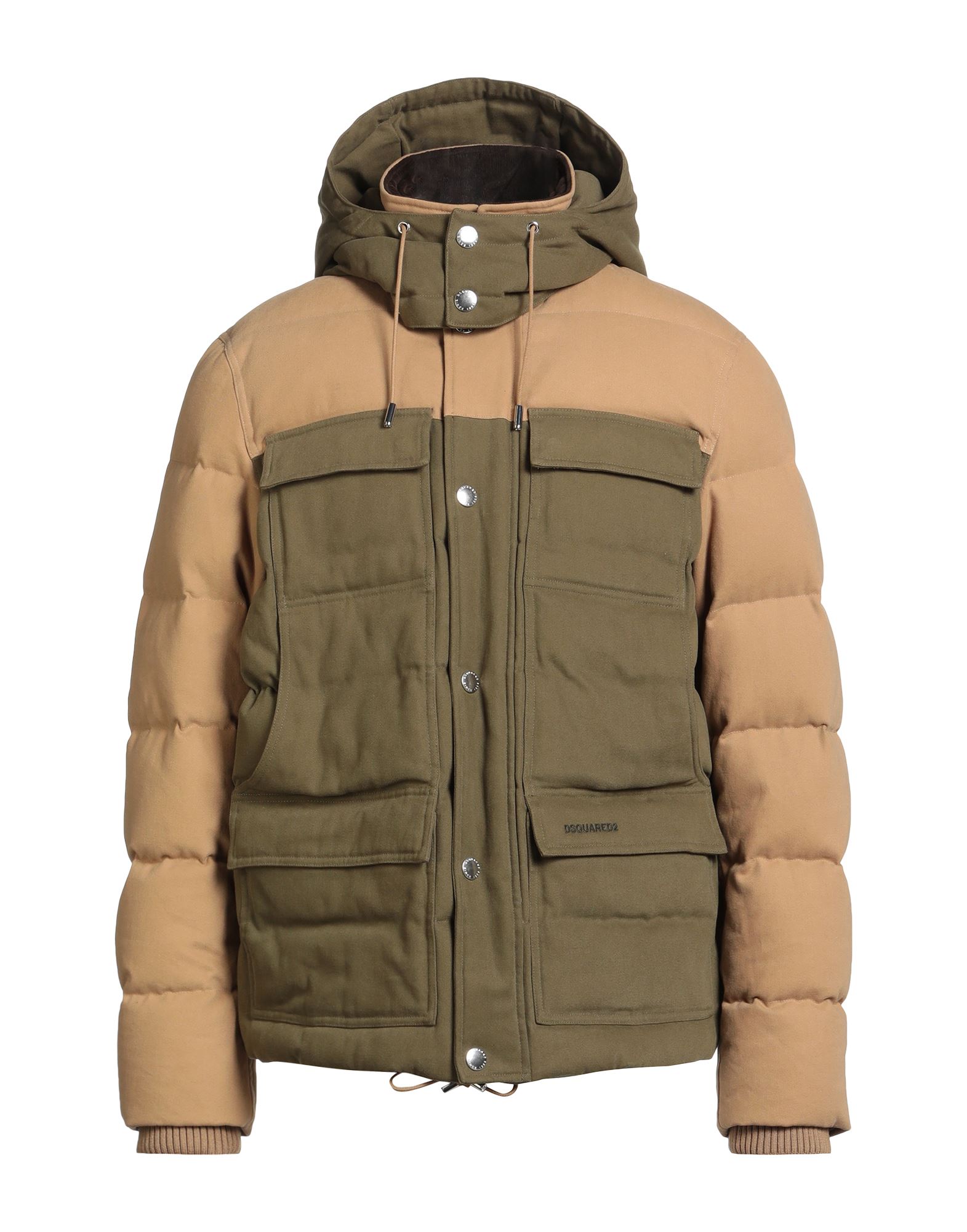 쇼트 다운 자켓, 캔바스, 퀼팅, 투톤 패턴, 니트 트리밍, 자수 로고 장식, 목 부분의 분리 가능한 후드, 싱글브레스티드, 롱 슬리브, 덕 다운 내장, 스냅버튼 여밈, 지퍼 여밈, 멀티 포켓, 드로스트링 헴라인, 동물성 비섬유 자재 함유, 드라이클리닝, 표백 금지, 건조기 사용불가. 이미지