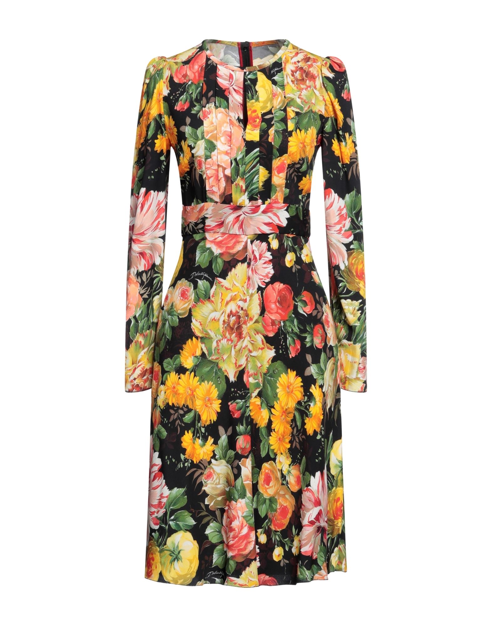 크레이프, 브랜드 로고, 플로럴 모티브, 라운드 네크라인, 롱 슬리브, 안감없음, 지퍼 클로저, 훅&아이, 포켓 없음, 트라페즈 스커트. 이미지