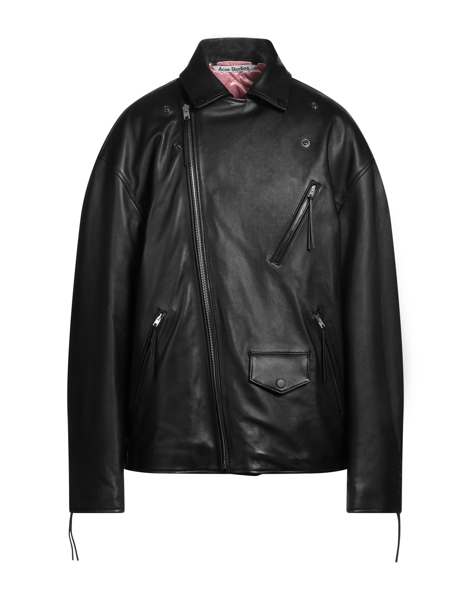 바이커 자켓, 가죽, 솔리드 컬러, 브랜드 로고, 라펠, 싱글브레스티드, 롱 슬리브, 안감있음, 지퍼 여밈, 멀티 포켓, 동물성 비섬유 자재 함유, 물세탁 불가, 표백 금지, 건조기 사용불가, 다림질 금지. 이미지