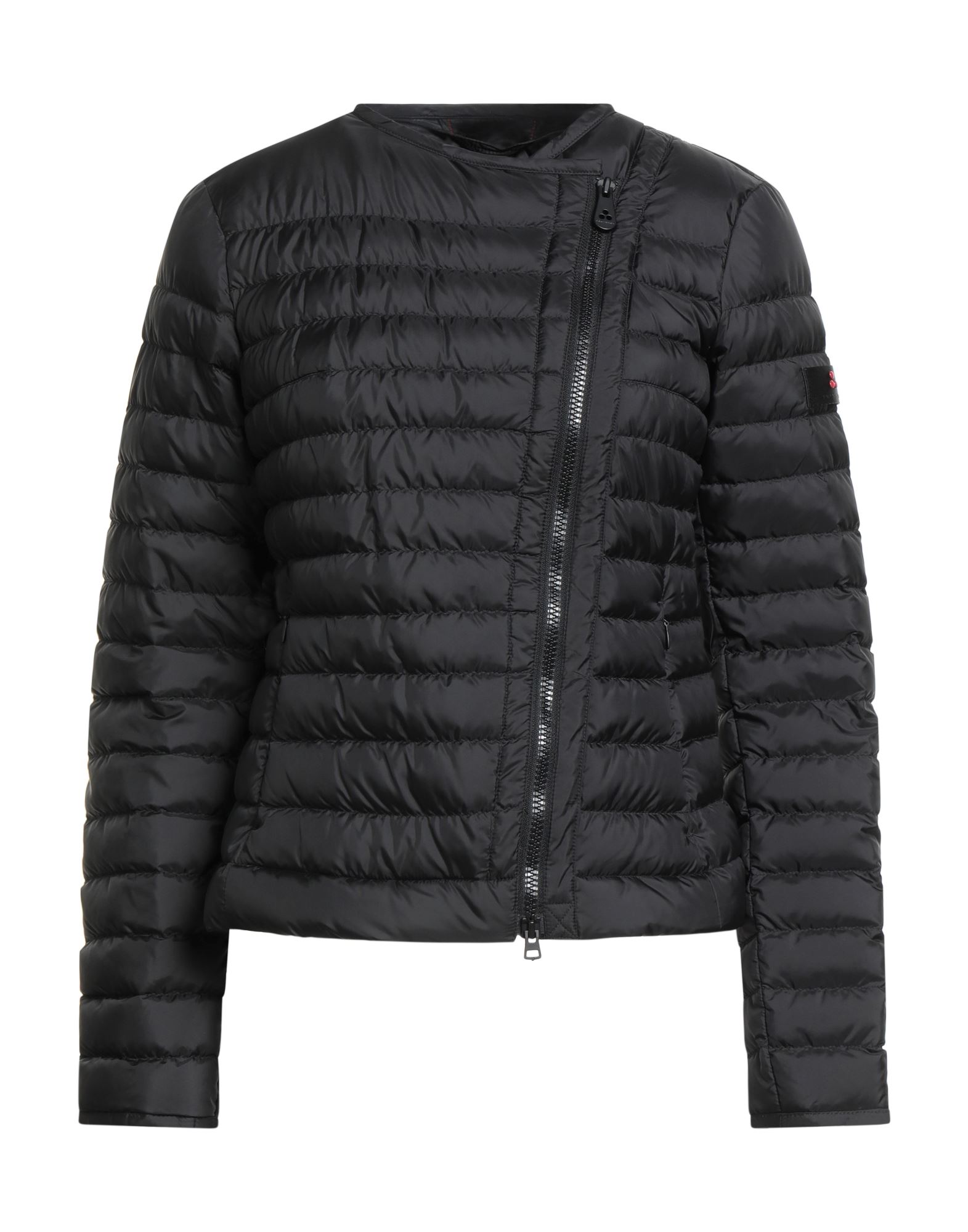 쇼트 다운 자켓, 테크니컬 패브릭, 퀼팅, 브랜드 로고, 솔리드 컬러, 크루넥, 롱 슬리브, 구스 다운 내장, 라이트 패딩, 지퍼 여밈, 지퍼 포켓, 동물성 비섬유 자재 함유, 세탁기 세탁 또는 드라이클리닝, 표백 금지, 건조기 사용불가. 이미지