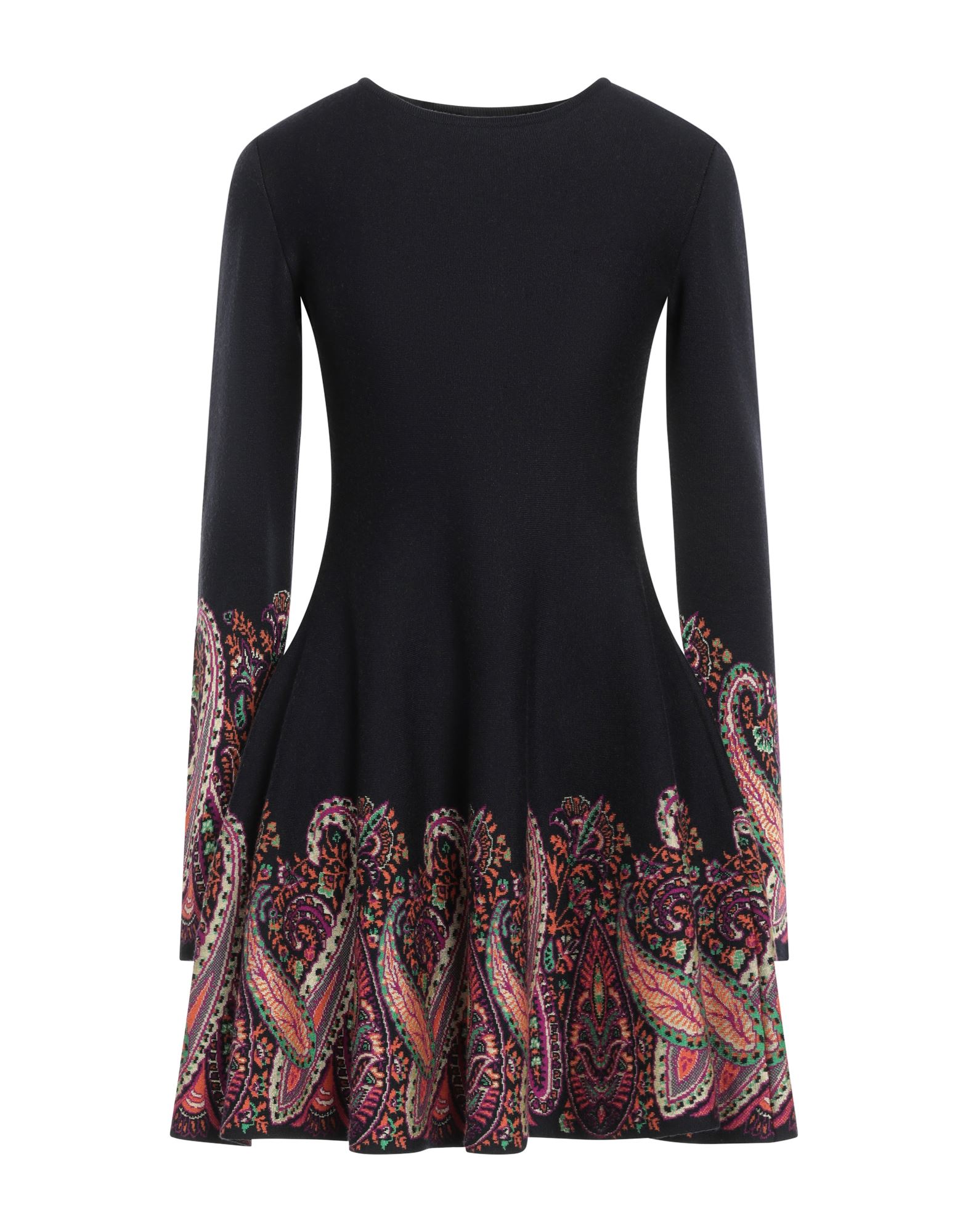 플레어 드레스, 자카드 니트, 라이트웨이트 니트, 페이즐리 패턴, 장식 부착 없음, 크루넥, 롱 슬리브, 안감없음, 포켓 없음, 손세탁 또는 드라이클리닝, 표백 금지, 건조기 사용불가. 이미지