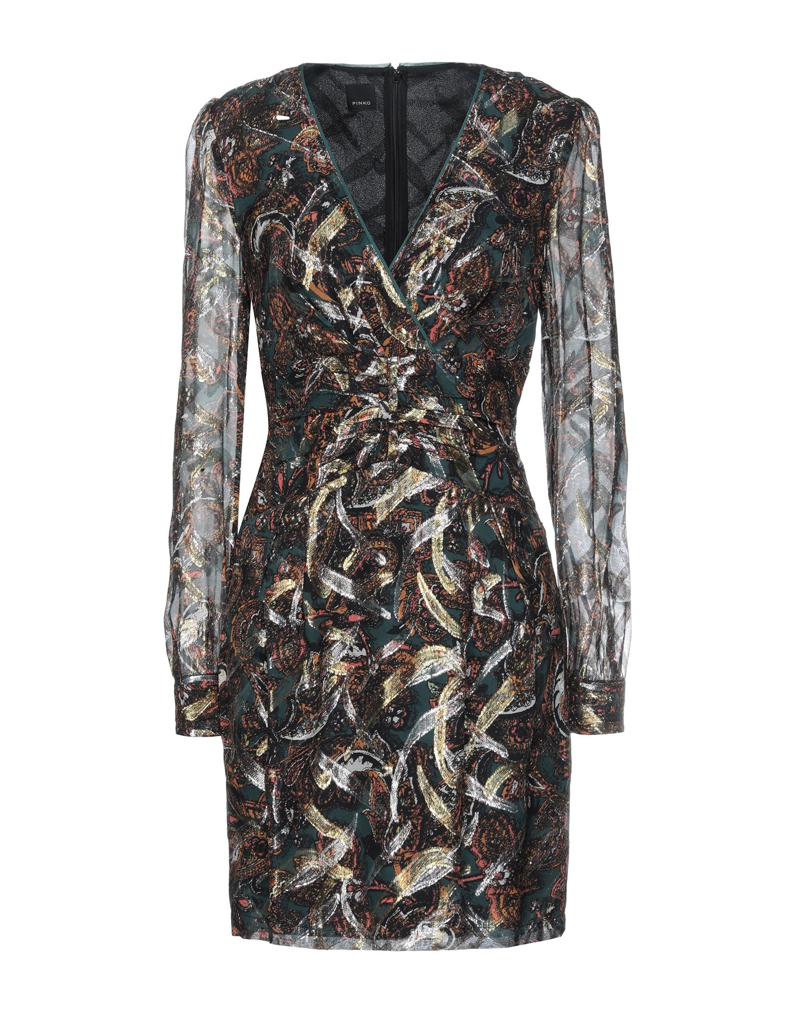 크레이프, 주름 가공, 멀티컬러 패턴, v 네크라인, 롱 슬리브, 버튼 커프스, 안감있음, 지퍼 여밈, 포켓 없음, 원피스 & 드레스. 이미지