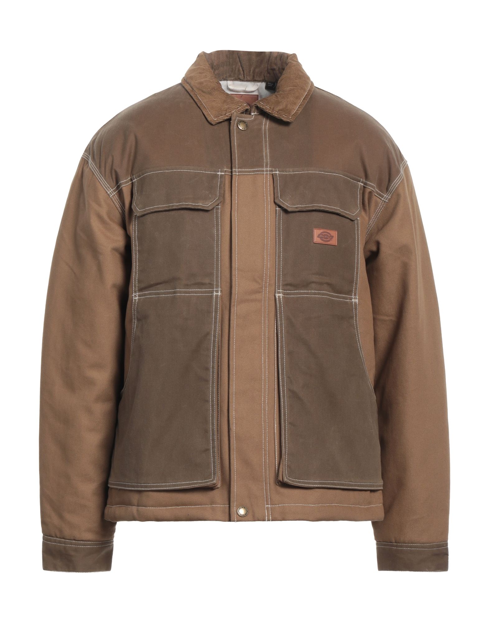 캐주얼 자켓, 캔바스, 코듀로이, 브랜드 로고, 투톤 패턴, 클래식 칼라, 싱글브레스티드, 롱 슬리브, 합성 충전재, 라이트 패딩, 스냅버튼 여밈, 지퍼 여밈, 멀티 포켓, 물세탁 불가, 표백 금지, 건조기 사용불가, 다림질 금지. 이미지