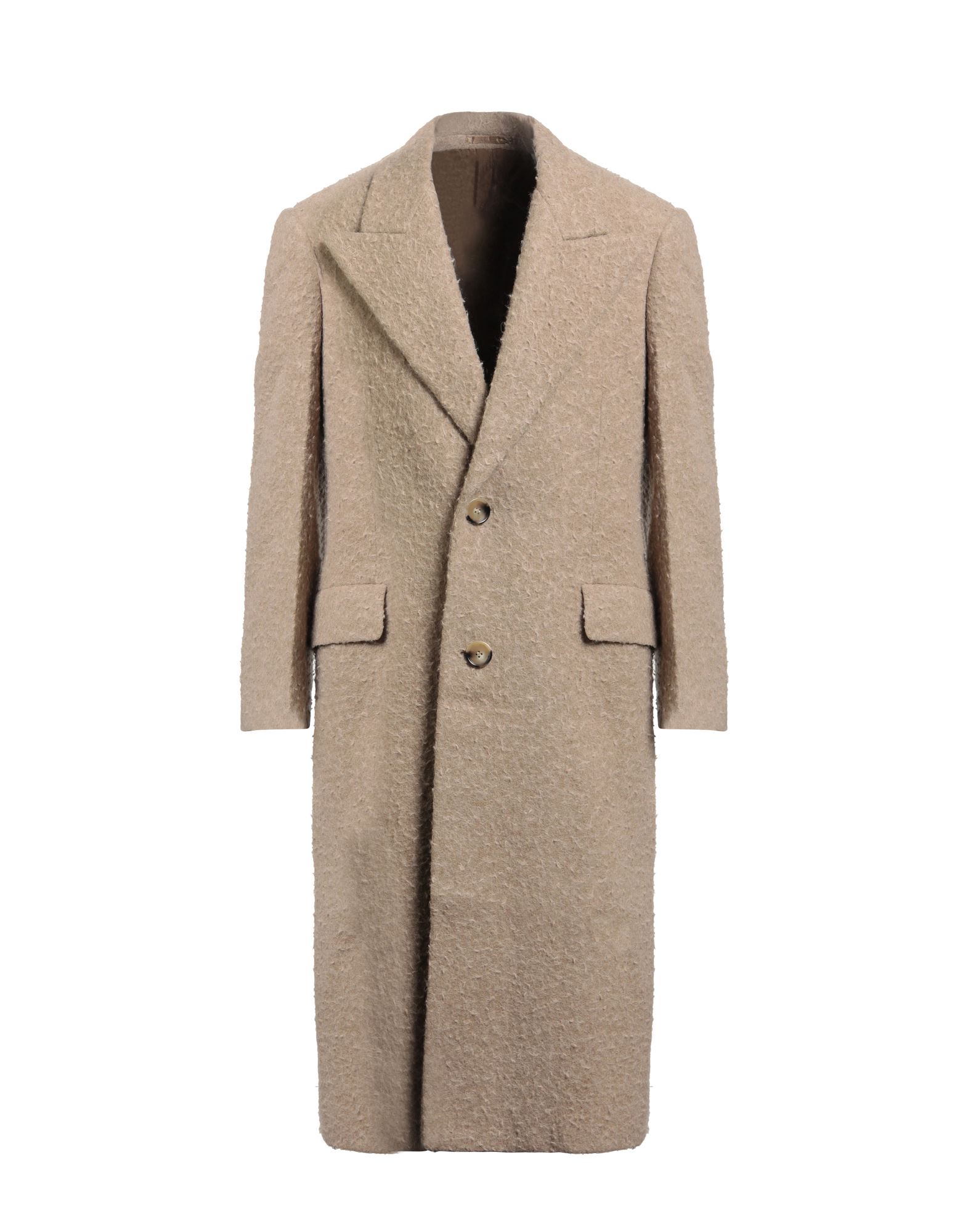 싱글 브레스티드 코트, 펠트, 가죽 인서트, 솔리드 컬러, 라펠, 롱 슬리브, 안감있음, 버튼 여밈, 플랩 포켓, 백 슬릿, 동물성 비섬유 자재 함유, 드라이클리닝, 표백 금지, 건조기 사용불가. 이미지