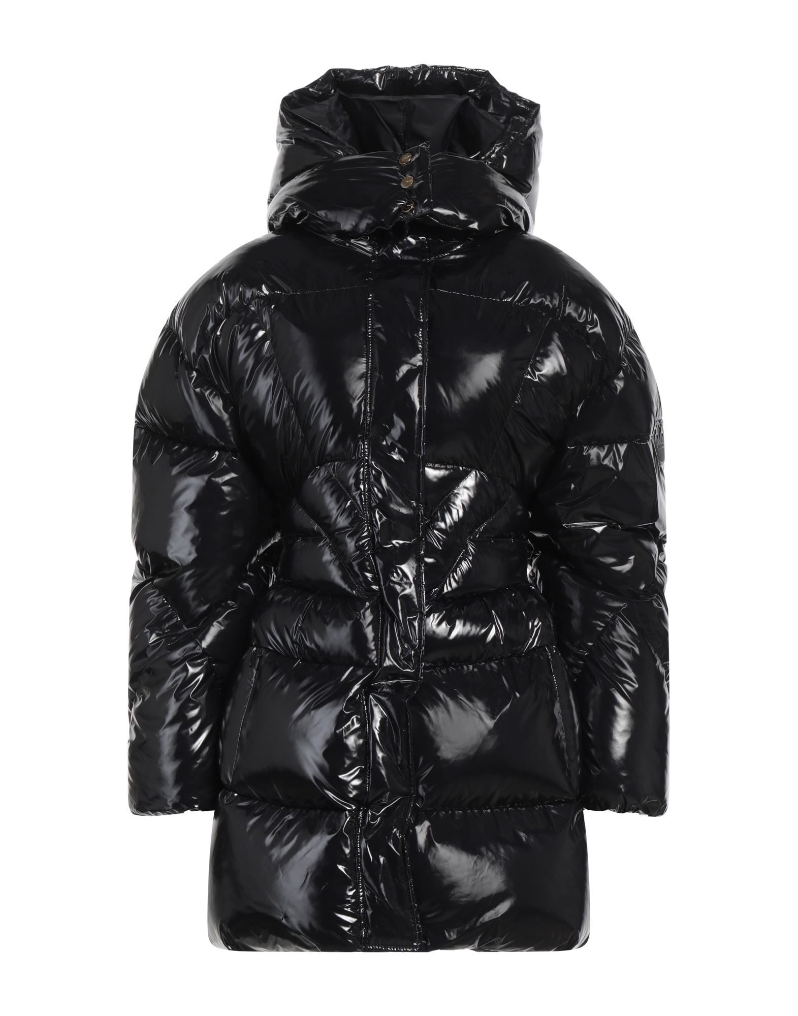 인조가죽, 브랜드 로고, 솔리드 컬러, 후드, 싱글브레스티드, 롱 슬리브, 합성 충전재, 스냅버튼 여밈, 지퍼 여밈, 멀티 포켓, 세탁기로 세탁, 표백 금지, 건조기 사용불가, 다림질 금지, 롱 패딩 자켓. 이미지