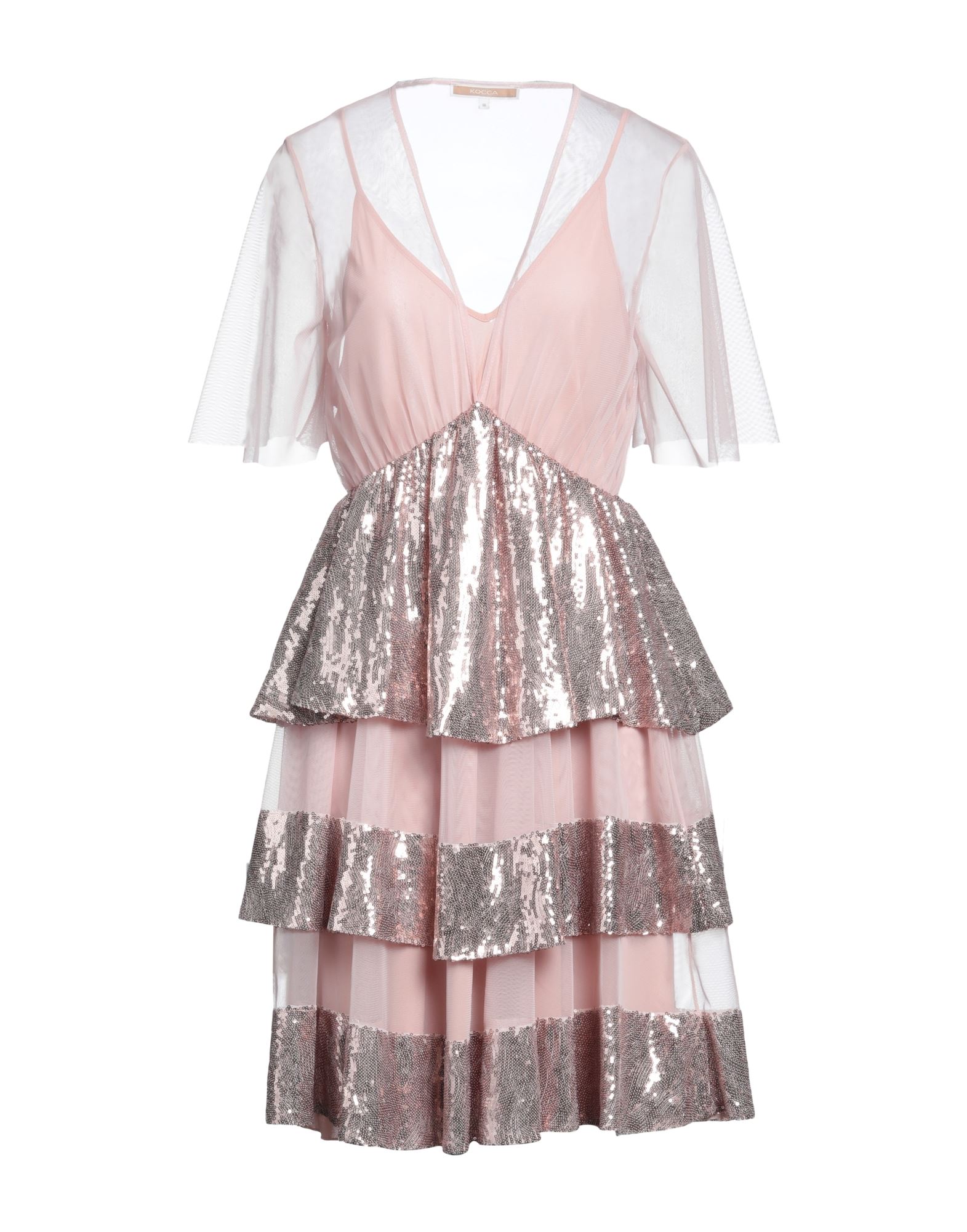 튤, 시퀸, 주름효과, 솔리드 컬러, v 네크라인, 쇼트 슬리브, 슬립 내장, 스트레치, 원피스 & 드레스. 이미지