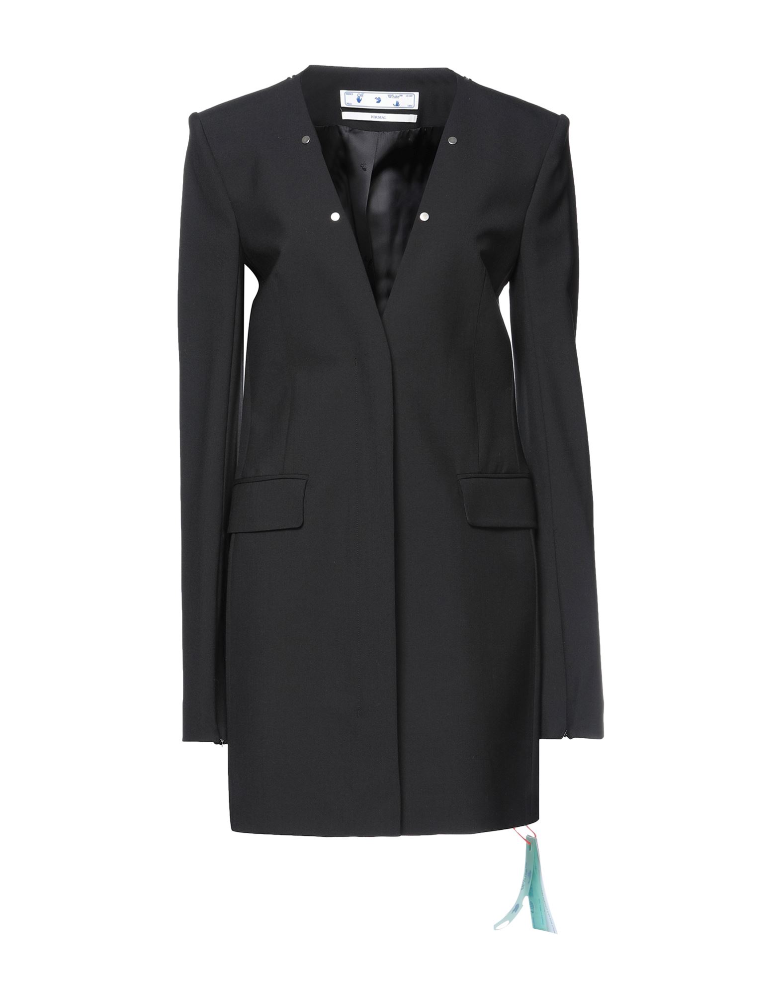 블레이저 드레스, 크레이프, 브랜드 로고, 스터드, 솔리드 컬러, 딥 네크라인, 롱 슬리브, 어깨 패드 내장, 지퍼 커프스, 안감있음, 스냅버튼 여밈, 지퍼 여밈, 멀티 포켓, 스트레치. 이미지