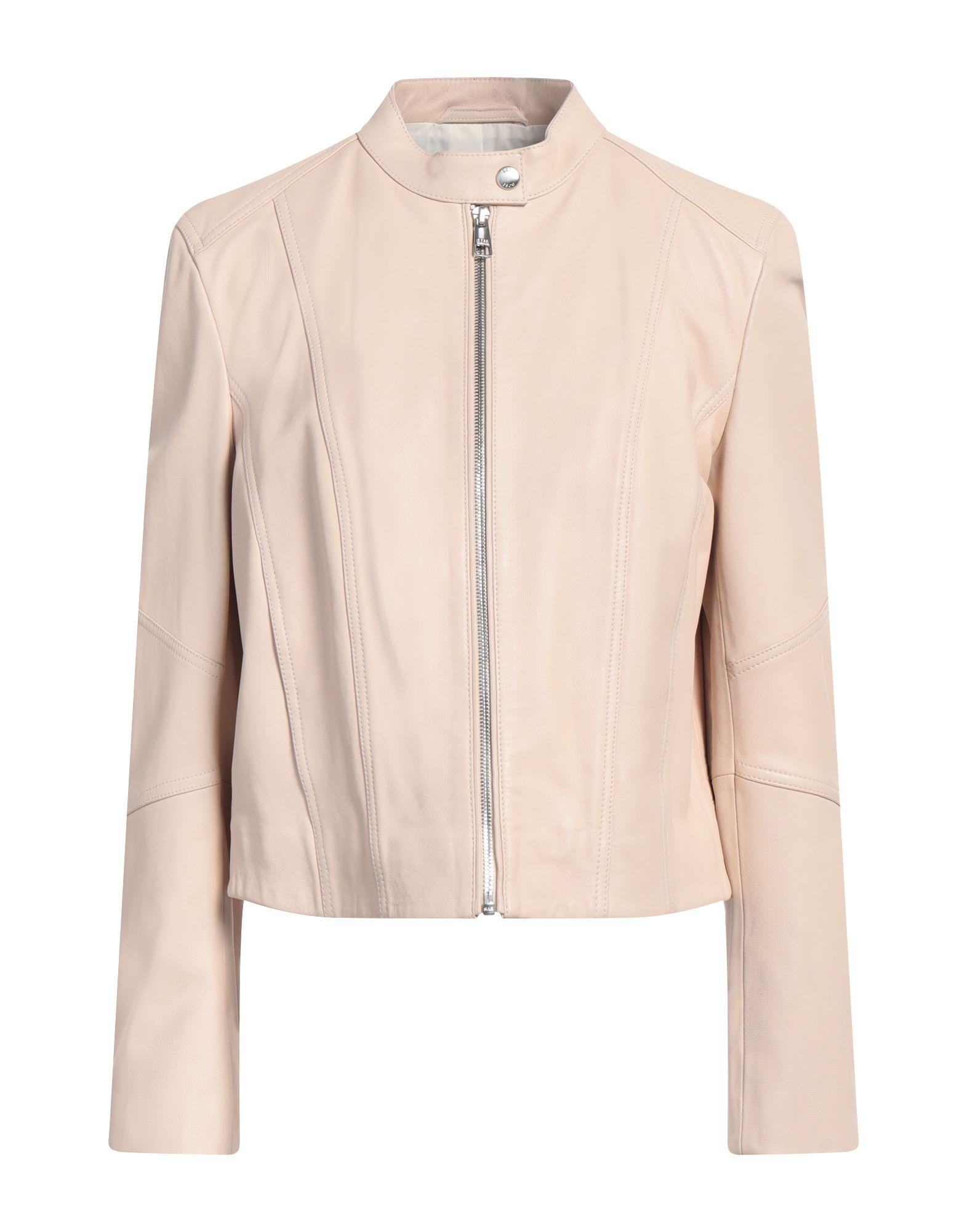 캐주얼 자켓, 가죽, 솔리드 컬러, 장식 부착 없음, 크루넥, 싱글브레스티드, 롱 슬리브, 안감있음, 지퍼 여밈, 멀티 포켓, 동물성 비섬유 자재 함유, 드라이클리닝, 표백 금지, 건조기 사용불가. 이미지