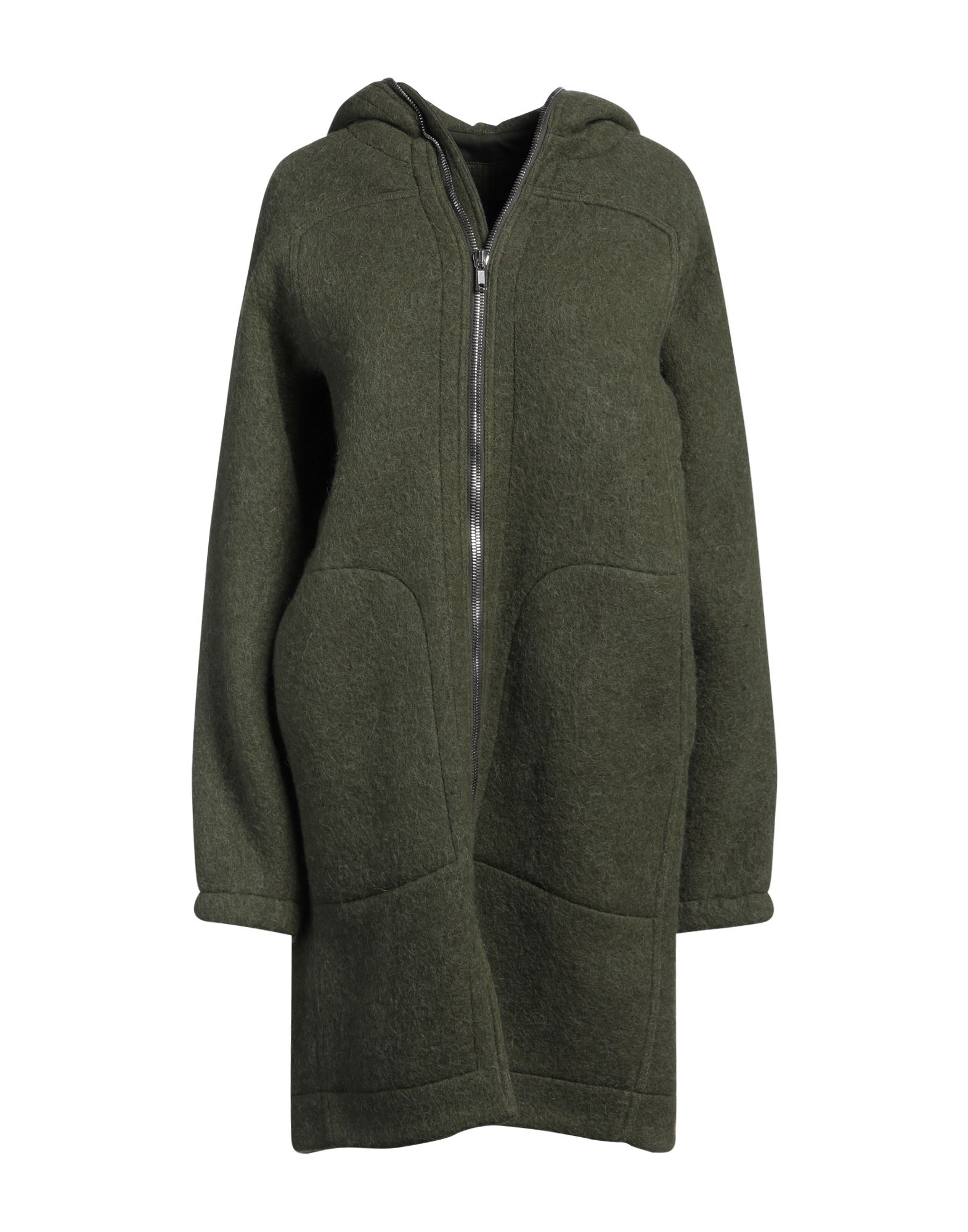 보일드 울, 장식 부착 없음, 솔리드 컬러, 후드, 싱글브레스티드, 롱 슬리브, 래글런 슬리브, 엘라스틱 커프스, 안감없음, 지퍼 클로저, 멀티 포켓, 백 슬릿, 파카. 이미지