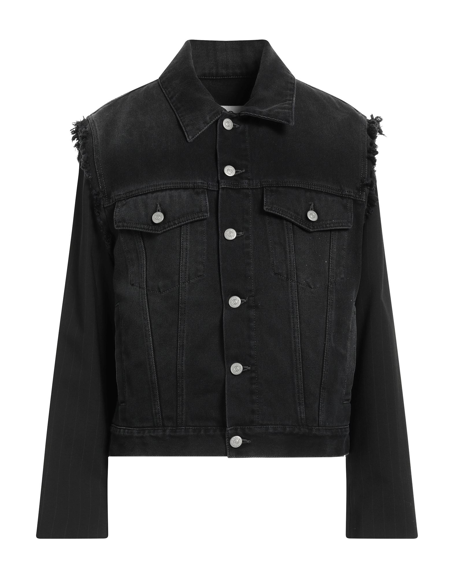 데님, 우븐, 프린지, 핀스트라이프, 컬러 워싱, 클래식 칼라, 싱글브레스티드, 롱 슬리브, 버튼 커프스, 부분적으로 안감 처리한 내부, 버튼 여밈, 플랩 포켓, 물세탁 불가, 표백 금지, 건조기 사용불가, 다림질 금지, 데님 자켓. 이미지