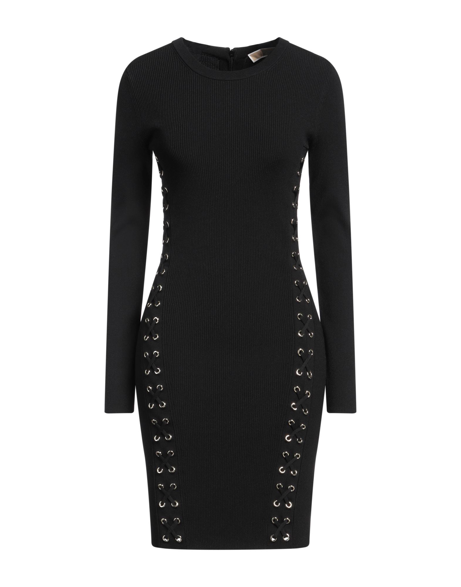 바디콘 드레스, 니트 소재, 라이트웨이트 니트, 장식 디테일 솔리드 컬러, 장식 효과, 크루넥, 롱 슬리브, 안감없음, 지퍼 여밈, 스트레치, 세탁기 세탁 또는 드라이클리닝, 표백 금지, 건조기 사용불가. 이미지