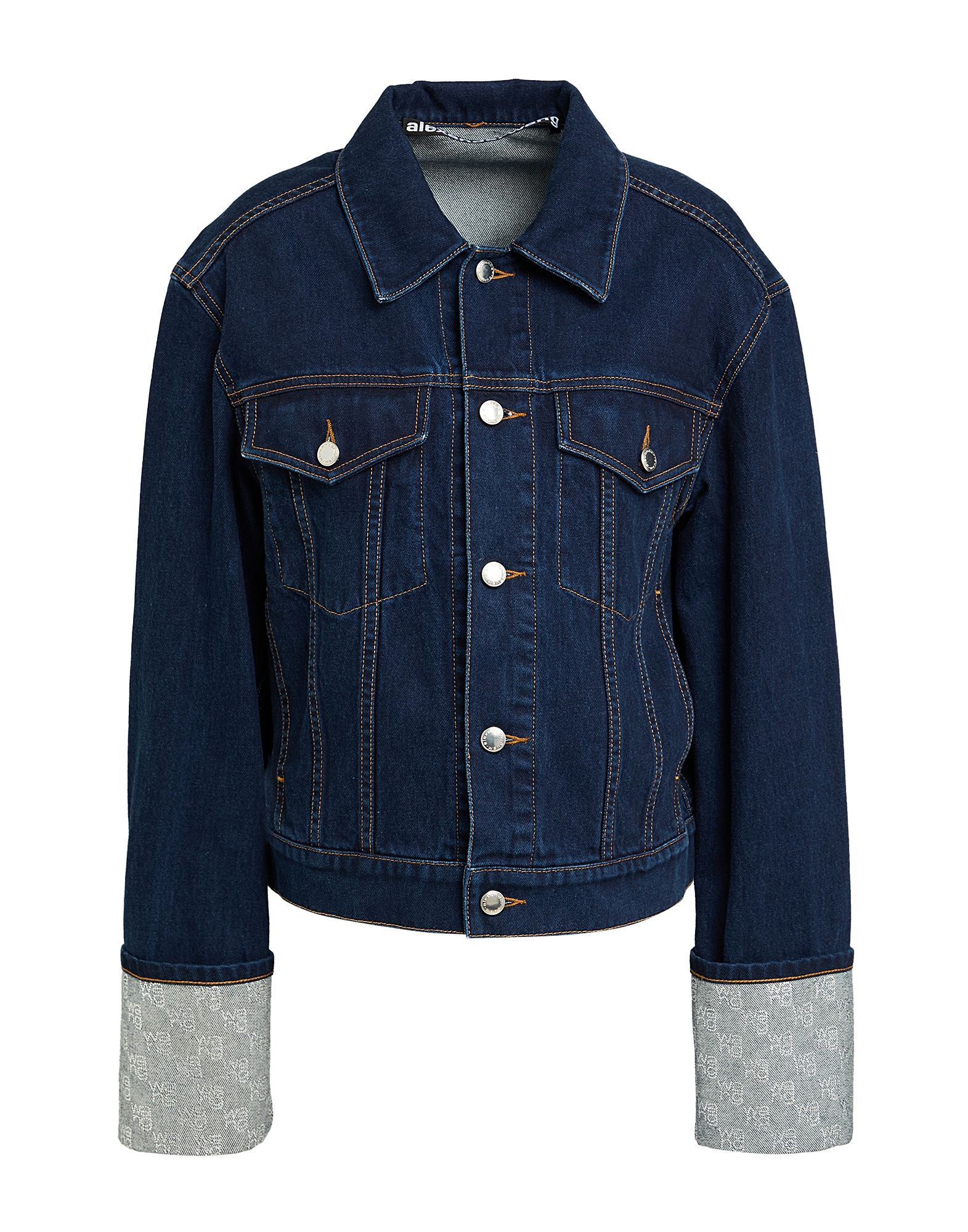 데님 트러커 자켓, 데님, 장식 디테일 솔리드 컬러, 크리스탈, 브랜드 로고, 다크 워싱, 클래식 칼라, 싱글브레스티드, 롱 슬리브, 안감없음, 버튼 여밈, 멀티 포켓, 드라이클리닝, 표백 금지, 건조기 사용불가, 이 브랜드는 사이즈가 크게 나옵니다. 이미지