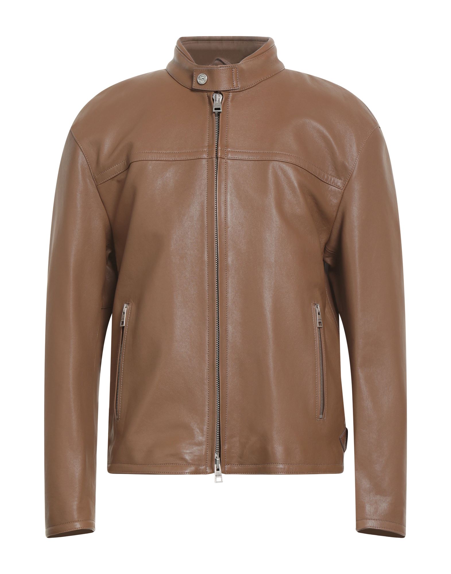 캐주얼 자켓, 가죽, 장식 부착 없음, 솔리드 컬러, 터틀넥, 롱 슬리브, 안감있음, 지퍼 여밈, 지퍼 포켓, 내부 포켓, 동물성 비섬유 자재 함유, 드라이클리닝 금지, 표백 금지, 건조기 사용불가, 다림질 금지. 이미지