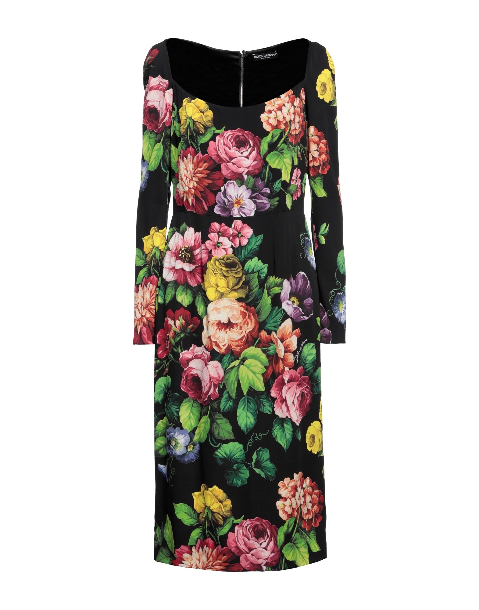 크레이프, 브랜드 로고, 플로럴 모티브, 와이드 네크라인, 롱 슬리브, 안감있음, 후크 여밈, 지퍼 여밈, 포켓 없음, 스트레치, 바디콘 드레스. 이미지