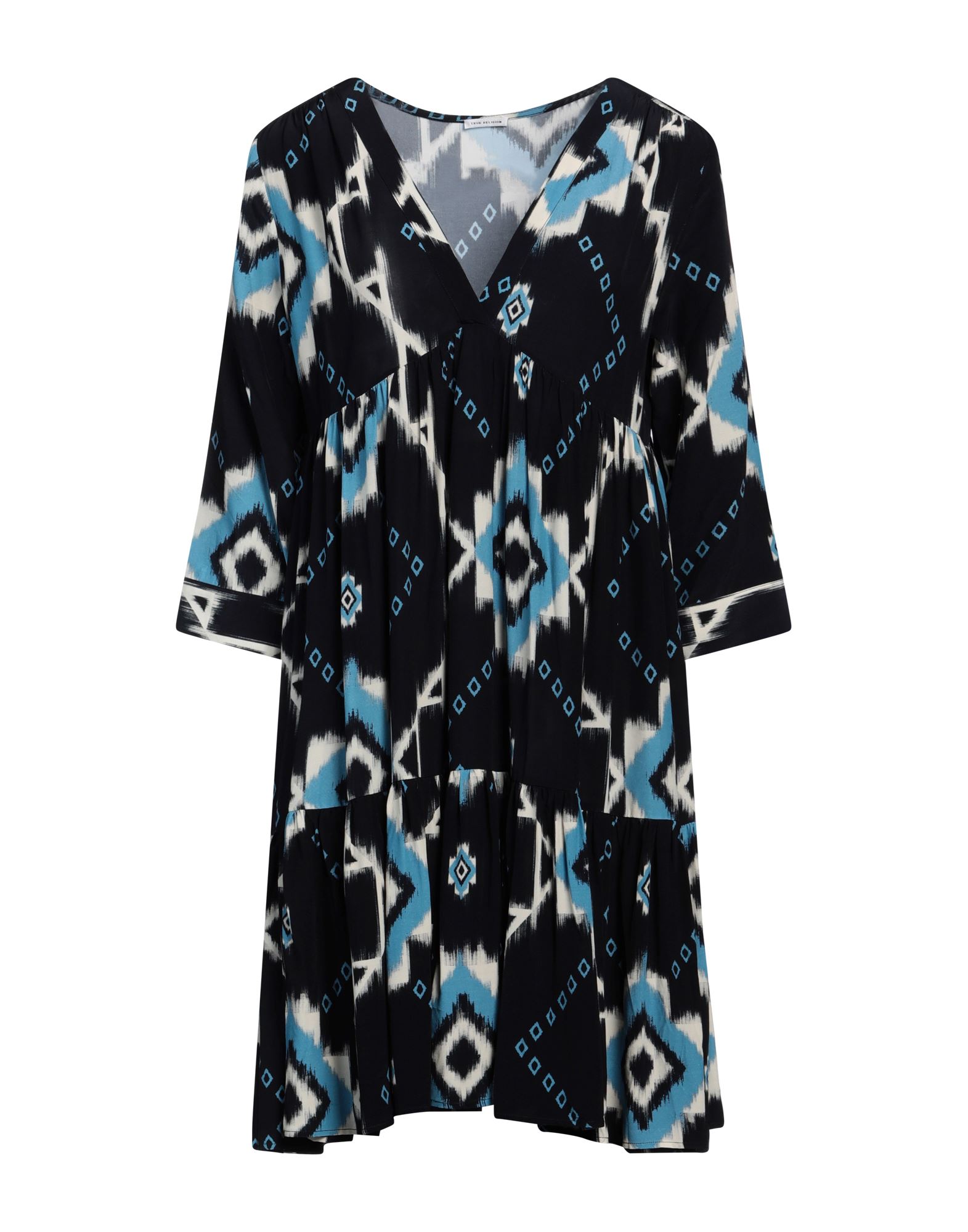 우븐, 장식 부착 없음, 멀티컬러 패턴, 딥 네크라인, 롱 슬리브, 안감없음, 포켓 없음, 세탁기로 세탁, 표백 금지, 건조기 사용불가, 플레어 드레스. 이미지