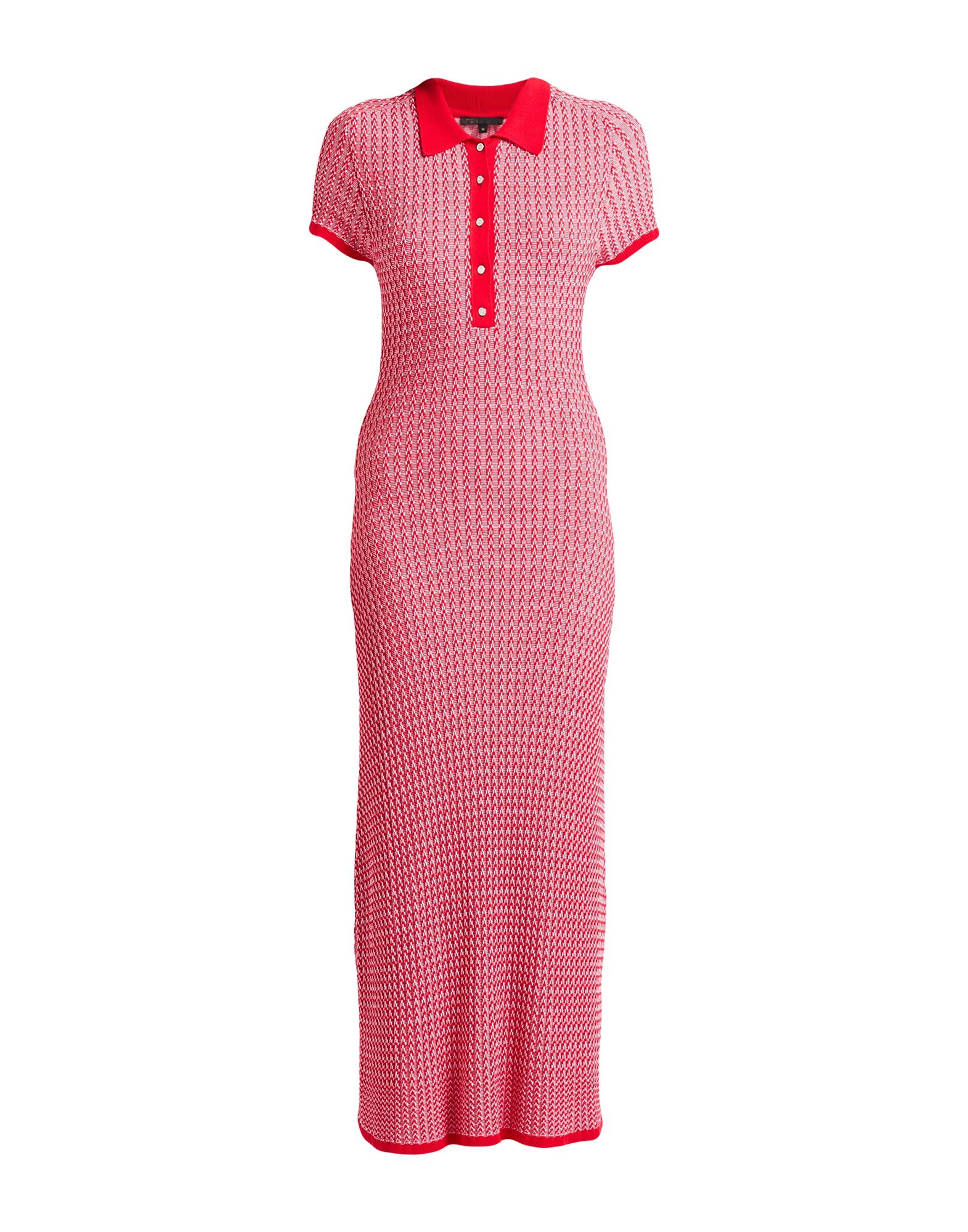 티셔츠 원피스, 자카드, 미디엄웨이트 니트, 투톤 패턴, 브랜드 로고, 버튼 넥, 쇼트 슬리브, 안감없음, 손세탁 또는 드라이클리닝, 표백 금지, 건조기 사용불가. 이미지