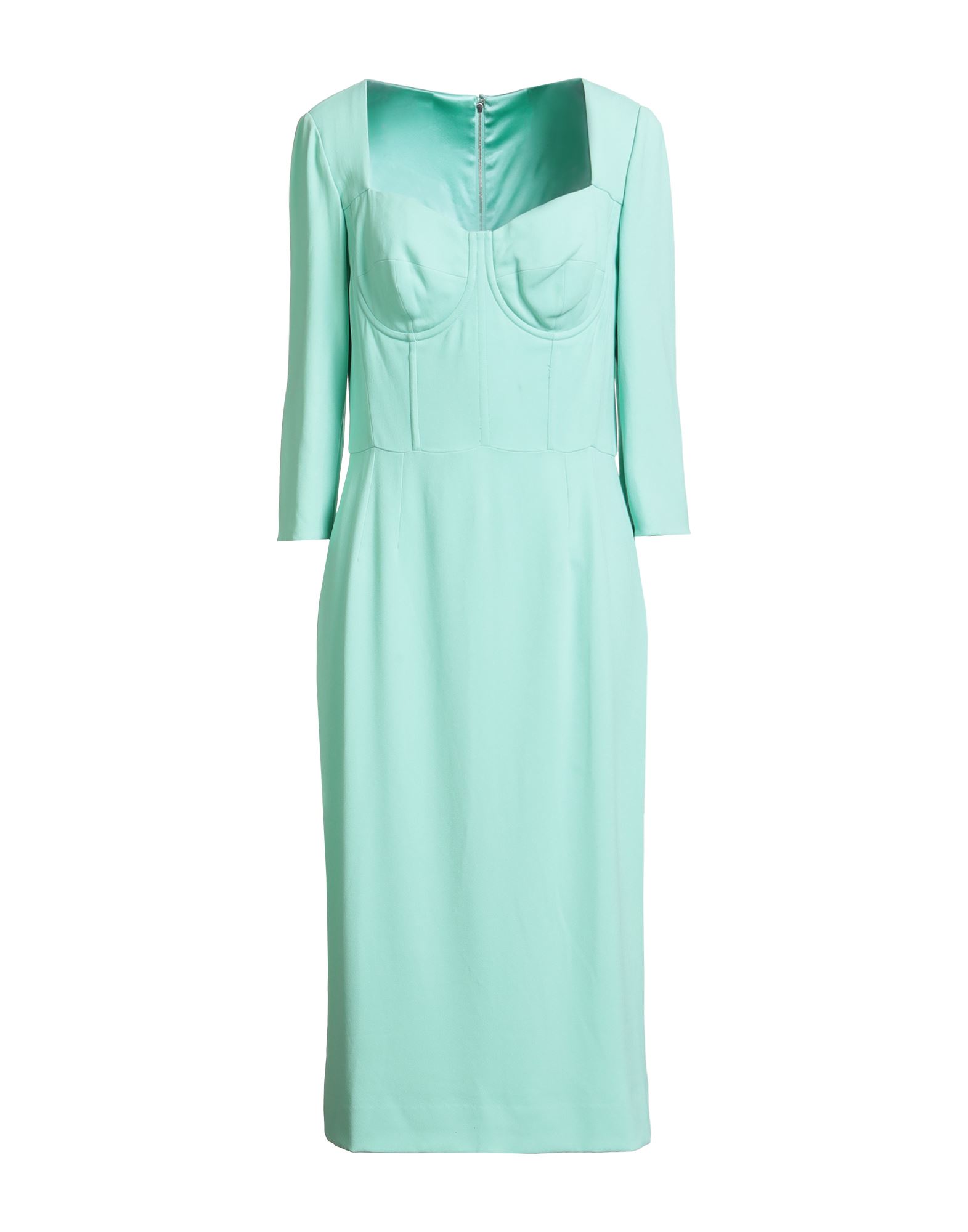 바디콘 드레스, 크레이프, 스트레치 패브릭, 솔리드 컬러, 장식 부착 없음, 스위트하트 네크라인, 롱 슬리브, 안감있음, 지퍼 여밈, 포켓 없음, 백 슬릿, 드라이클리닝, 표백 금지, 건조기 사용불가, 결혼식 하객 스타일로도 적합한 특별한 날에 어울리는 우아한 세레모니 룩. 이미지