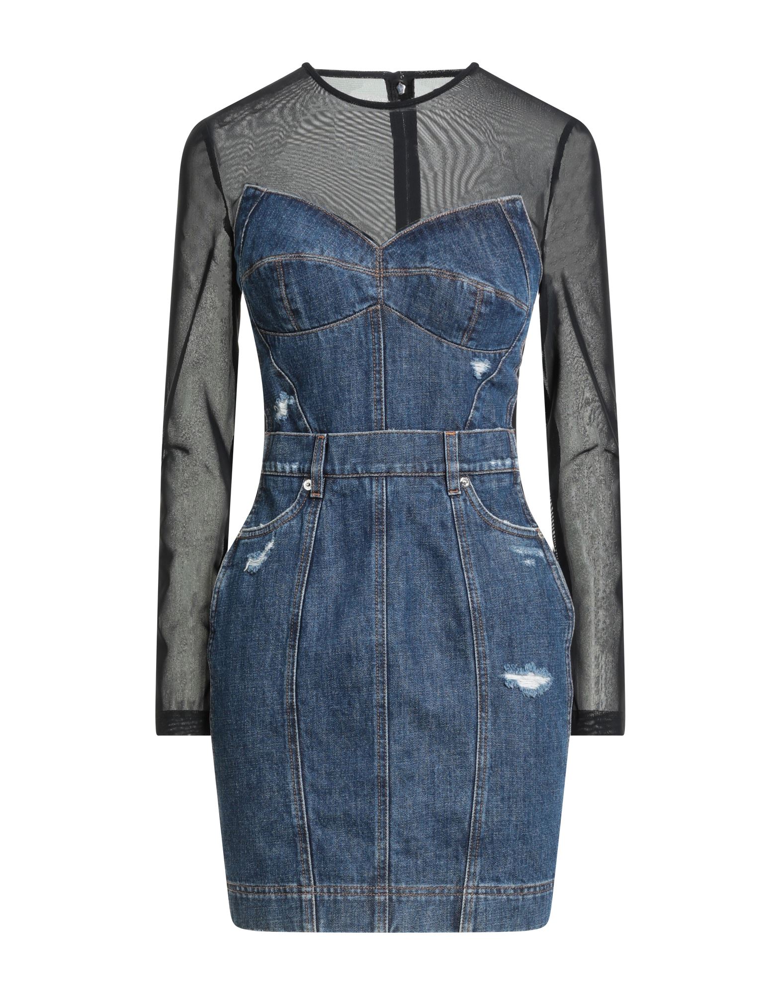 바디콘 드레스, 데님, 튤, 디스트레스드 효과, 바랜 효과, 스트레치 패브릭, 투톤 패턴, 브랜드 로고, 크루넥, 롱 슬리브, 빌트인 셸프 브라, 지퍼 여밈, 패치 포켓, 슬릿 포켓, 드라이클리닝, 표백 금지, 건조기 사용불가. 이미지