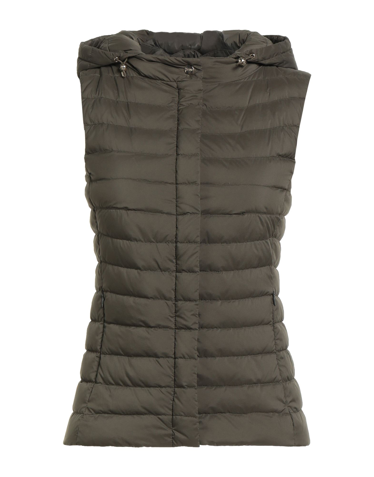 테크니컬 패브릭, 퀼팅, 솔리드 컬러, 장식 부착 없음, 목 부분의 분리 가능한 후드, 싱글브레스티드, 슬리브리스, 구스 다운 내장, 지퍼 여밈, 스냅버튼 여밈, 지퍼 포켓, 동물성 비섬유 자재 함유, 드라이클리닝, 표백 금지, 건조기 사용불가. 이미지