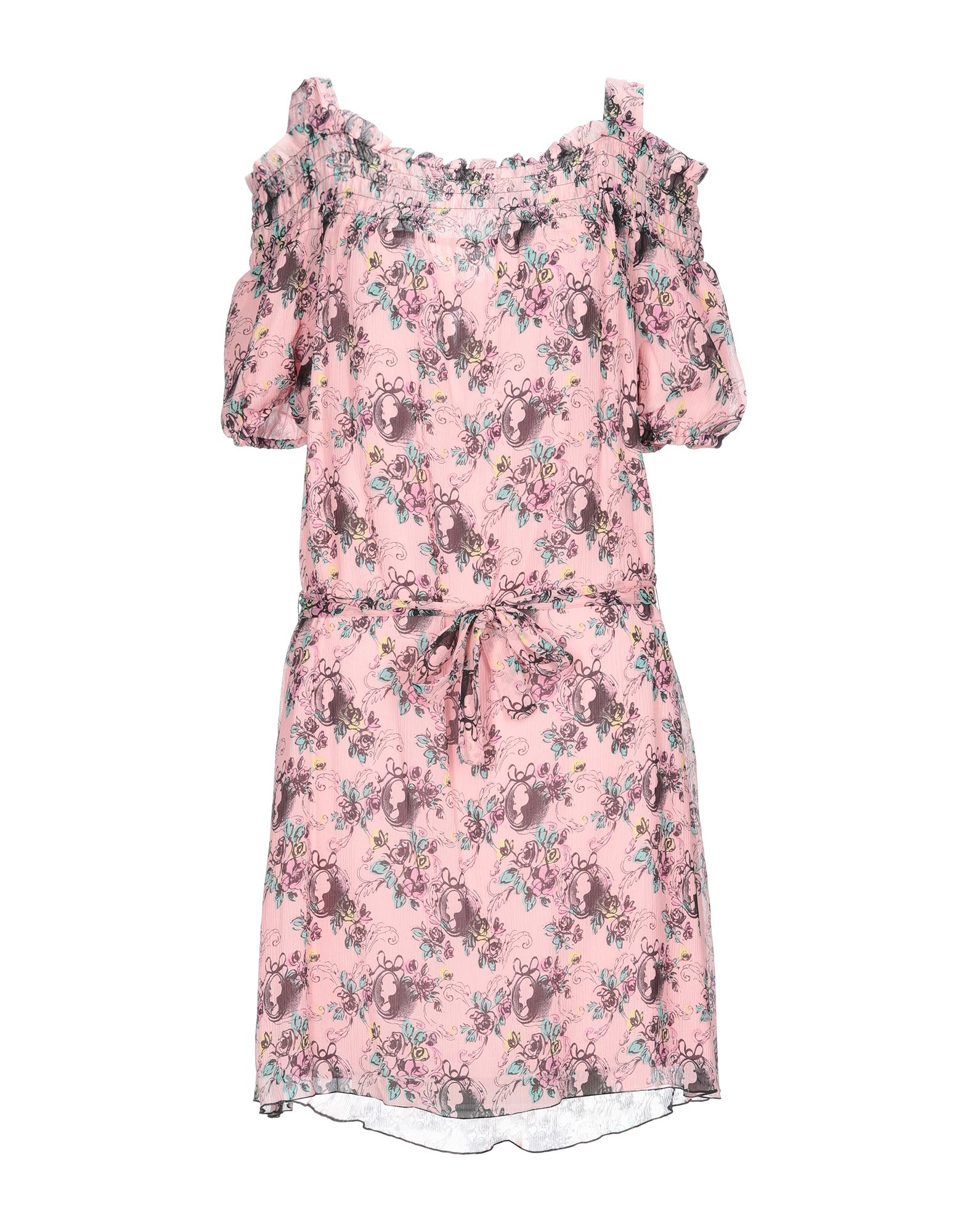 크레이프, 벨트, 플로럴 모티브, 스퀘어 네크라인, 쇼트 슬리브, 포켓 없음, 뒤여밈, 안감있음. 이미지