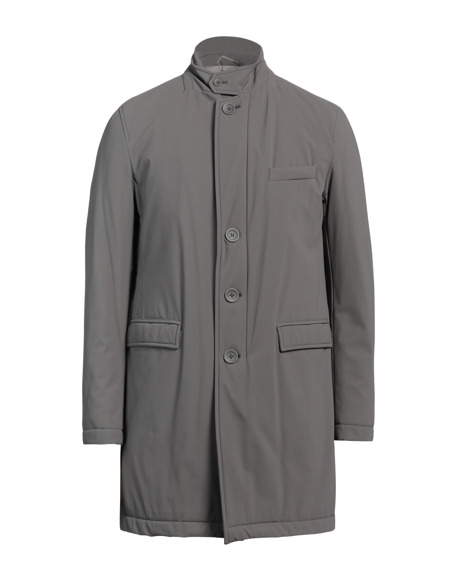 싱글 브레스티드 코트, 인조가죽, 장식 부착 없음, 솔리드 컬러, 터틀넥, 롱 슬리브, 합성 충전재, 라이트 패딩, 버튼 여밈, 지퍼 여밈, 멀티 포켓, 드라이클리닝, 표백 금지, 건조기 사용불가. 이미지