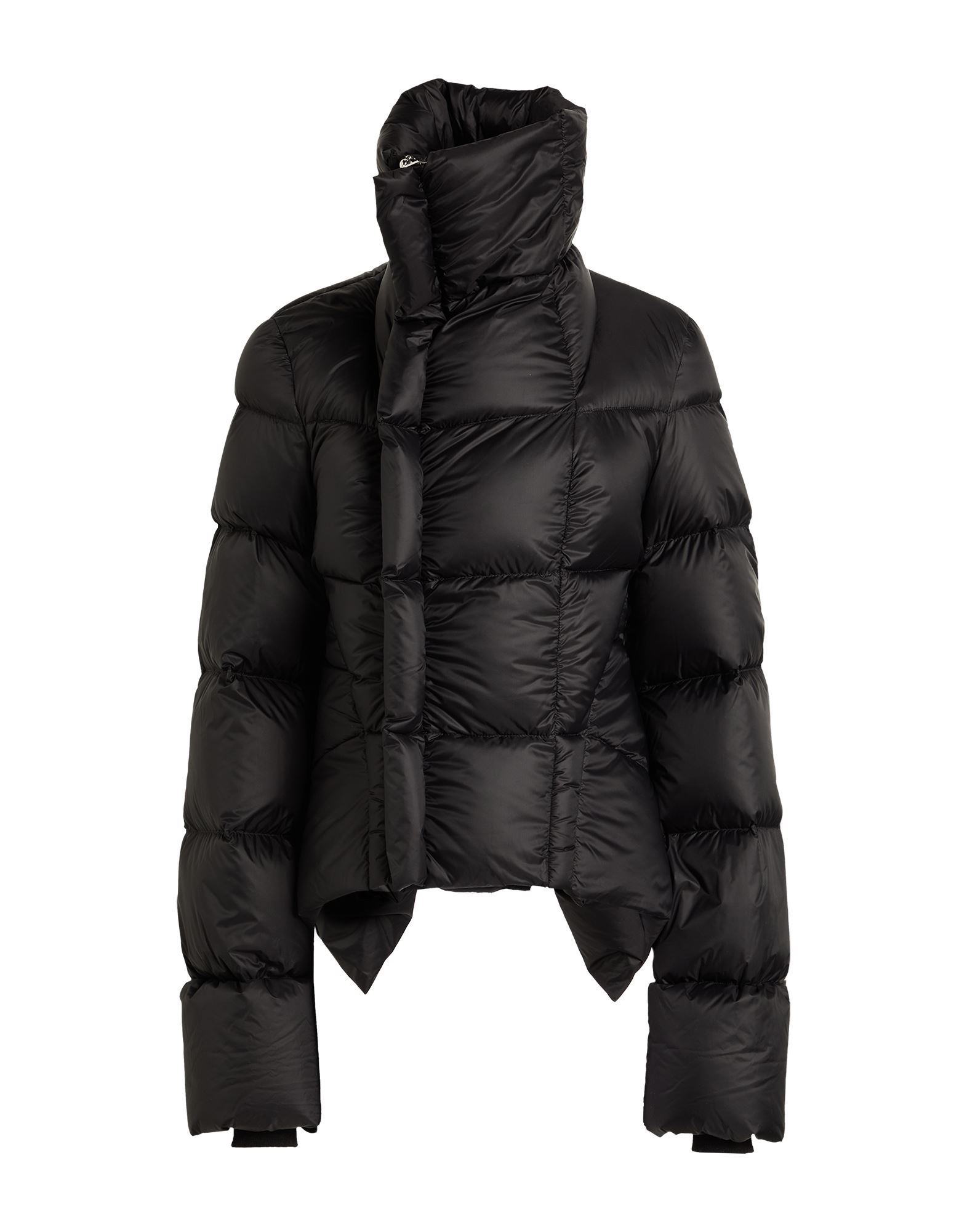 쇼트 다운 자켓, 테크니컬 패브릭, 퀼팅, 솔리드 컬러, 장식 부착 없음, 터틀넥, 싱글브레스티드, 롱 슬리브, 구스 다운 내장, 지퍼 여밈, 포켓 없음, 동물성 비섬유 자재 함유, 드라이클리닝, 표백 금지, 건조기 사용불가. 이미지