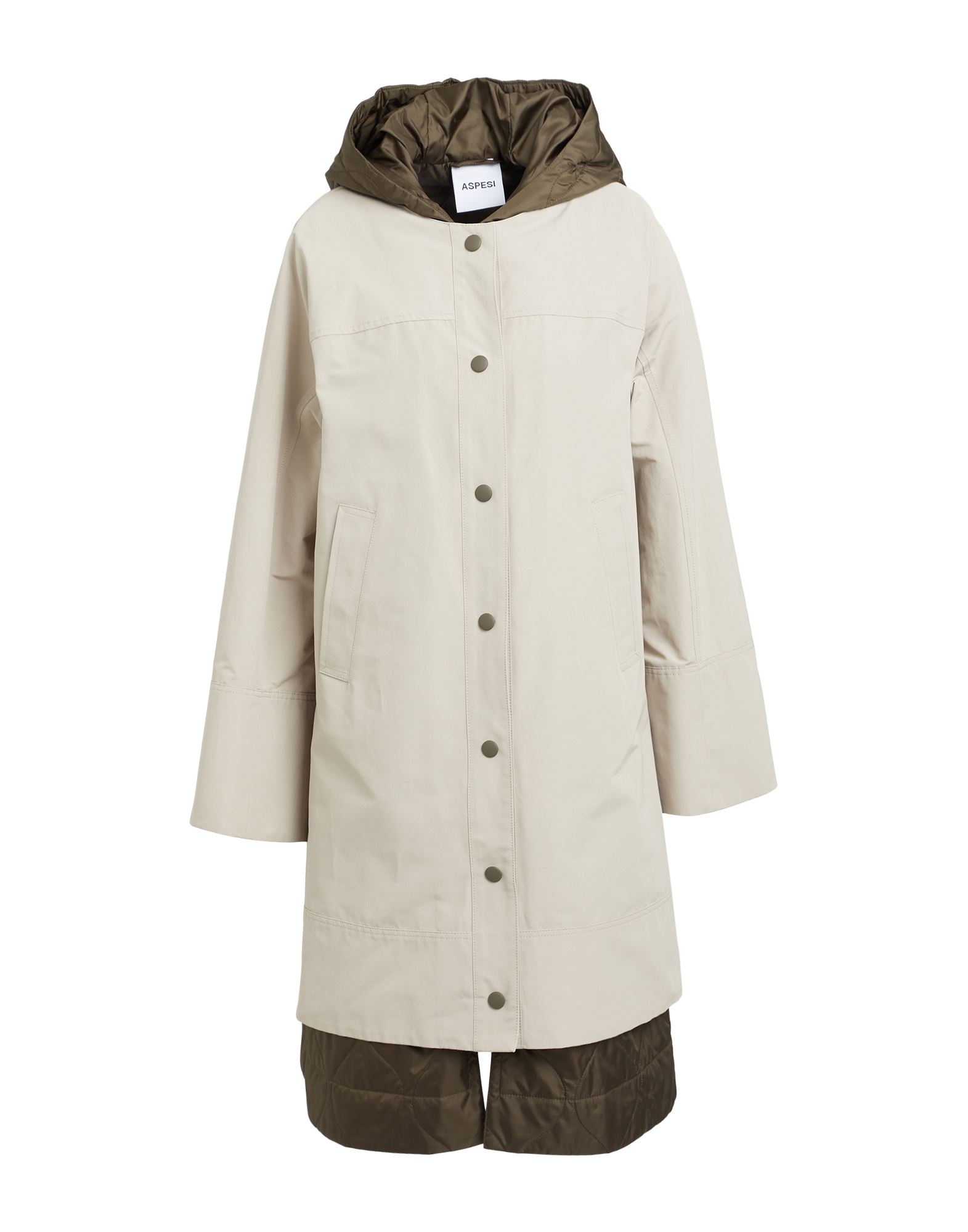 파카, 테크니컬 패브릭, 장식 부착 없음, 투톤 패턴, 후드, 롱 슬리브, 디테쳐블 안감, 스냅버튼 여밈, 지퍼 여밈, 멀티 포켓, 드라이클리닝, 표백 금지, 건조기 사용불가. 이미지